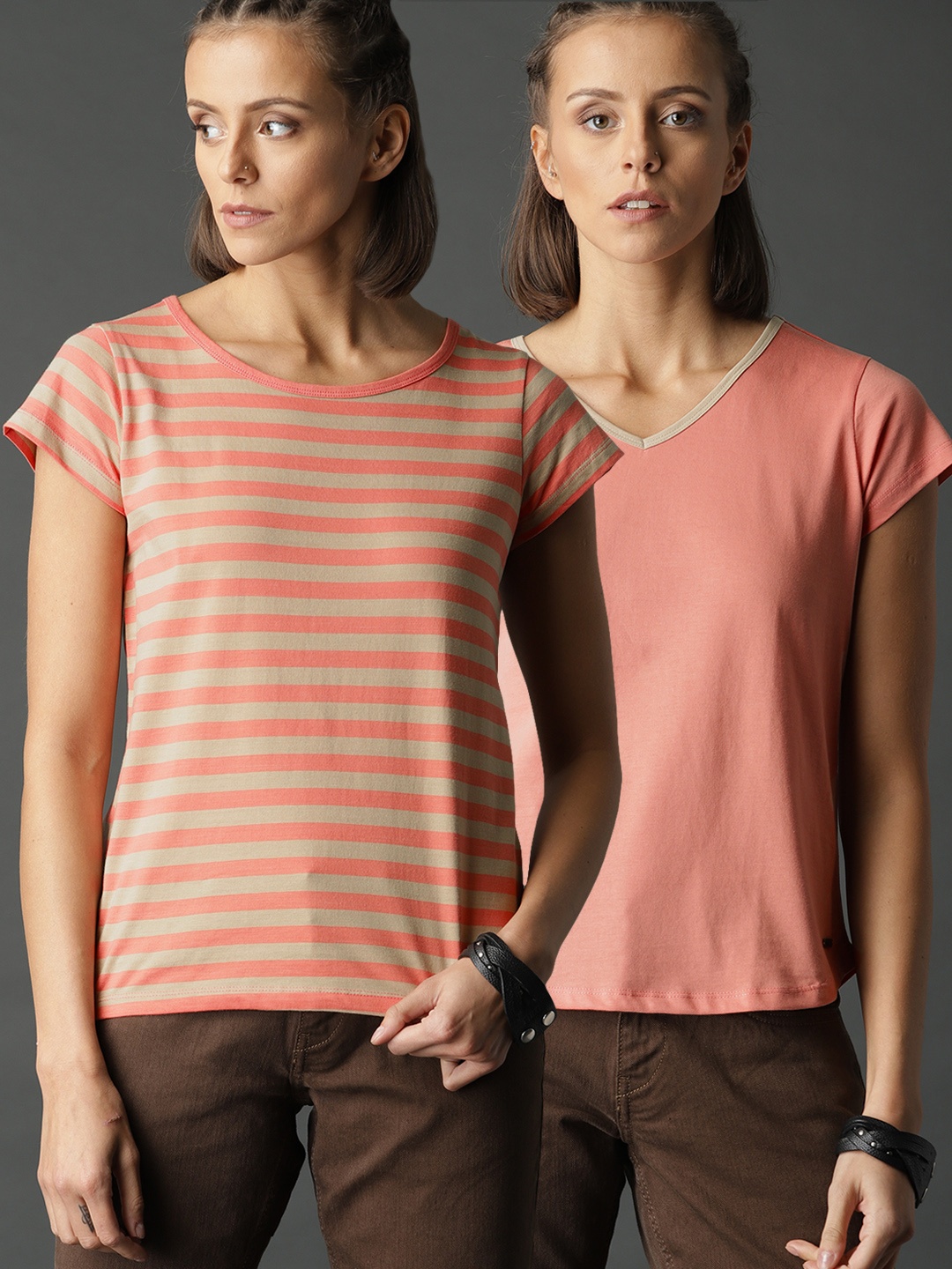 

Roadster Women Pack of 2 Solid Striped Pure Cotton T-shirts, Coral