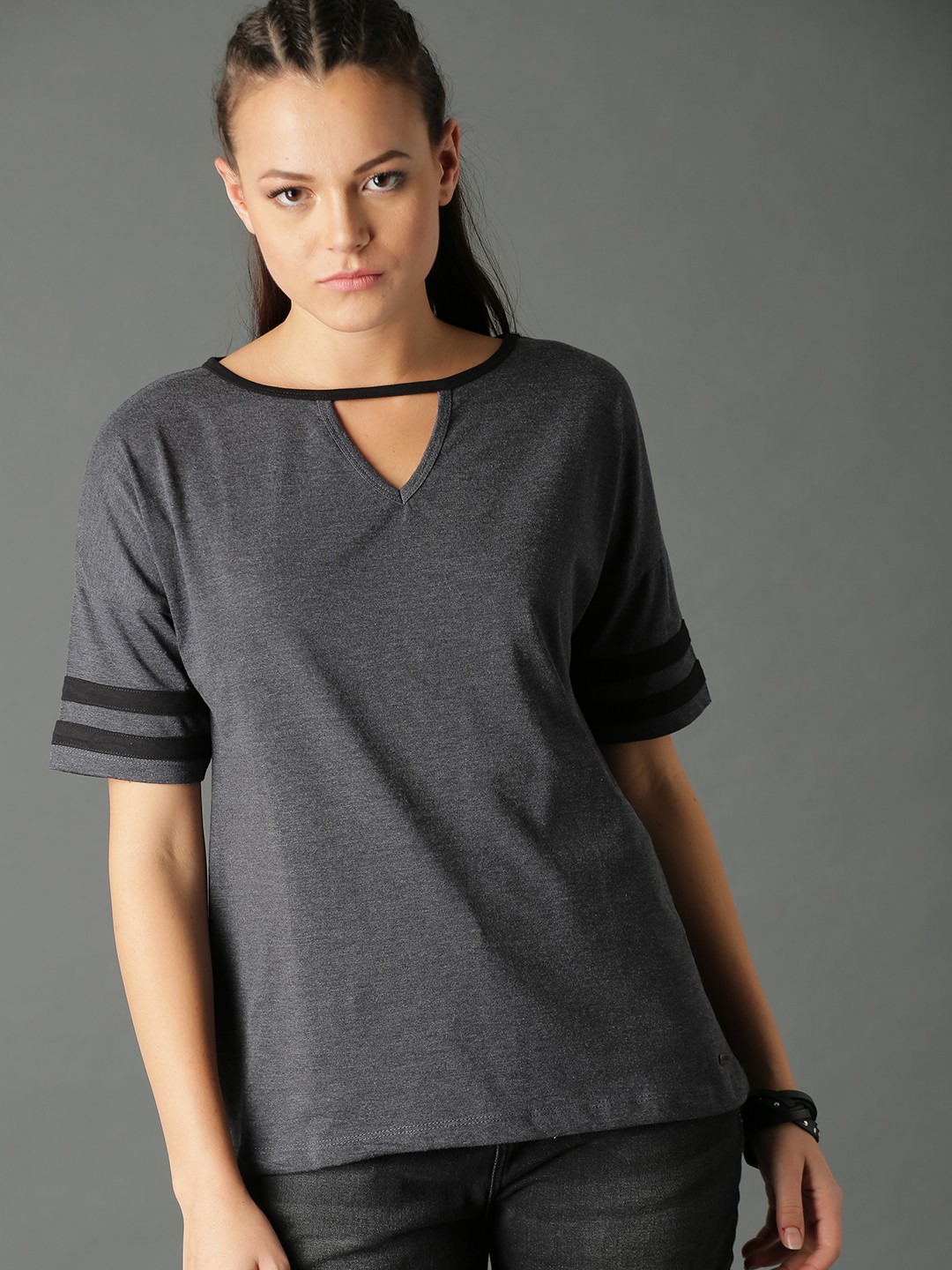 

Roadster Women Charcoal Solid Top With Neck Cutout