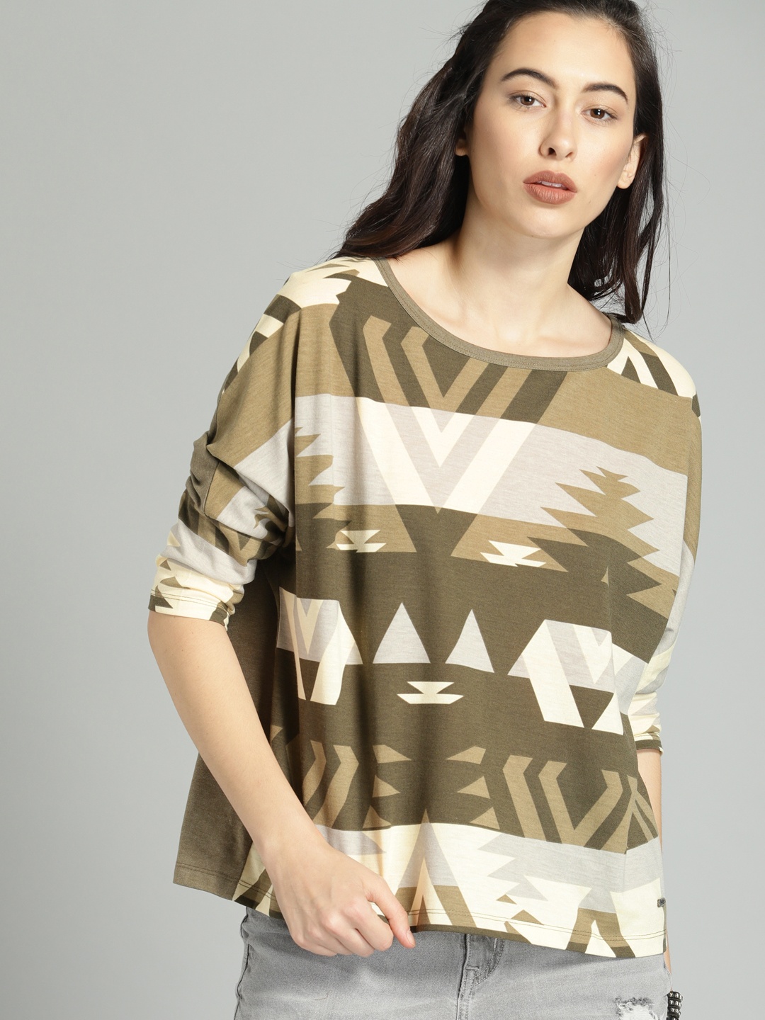 

Roadster Women Olive Green Printed Round Neck T-shirt