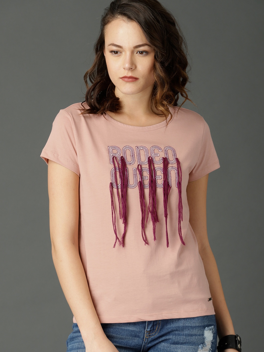 

Roadster Women Peach-Coloured Grpahic Pure Cotton T-shirt with Fringes