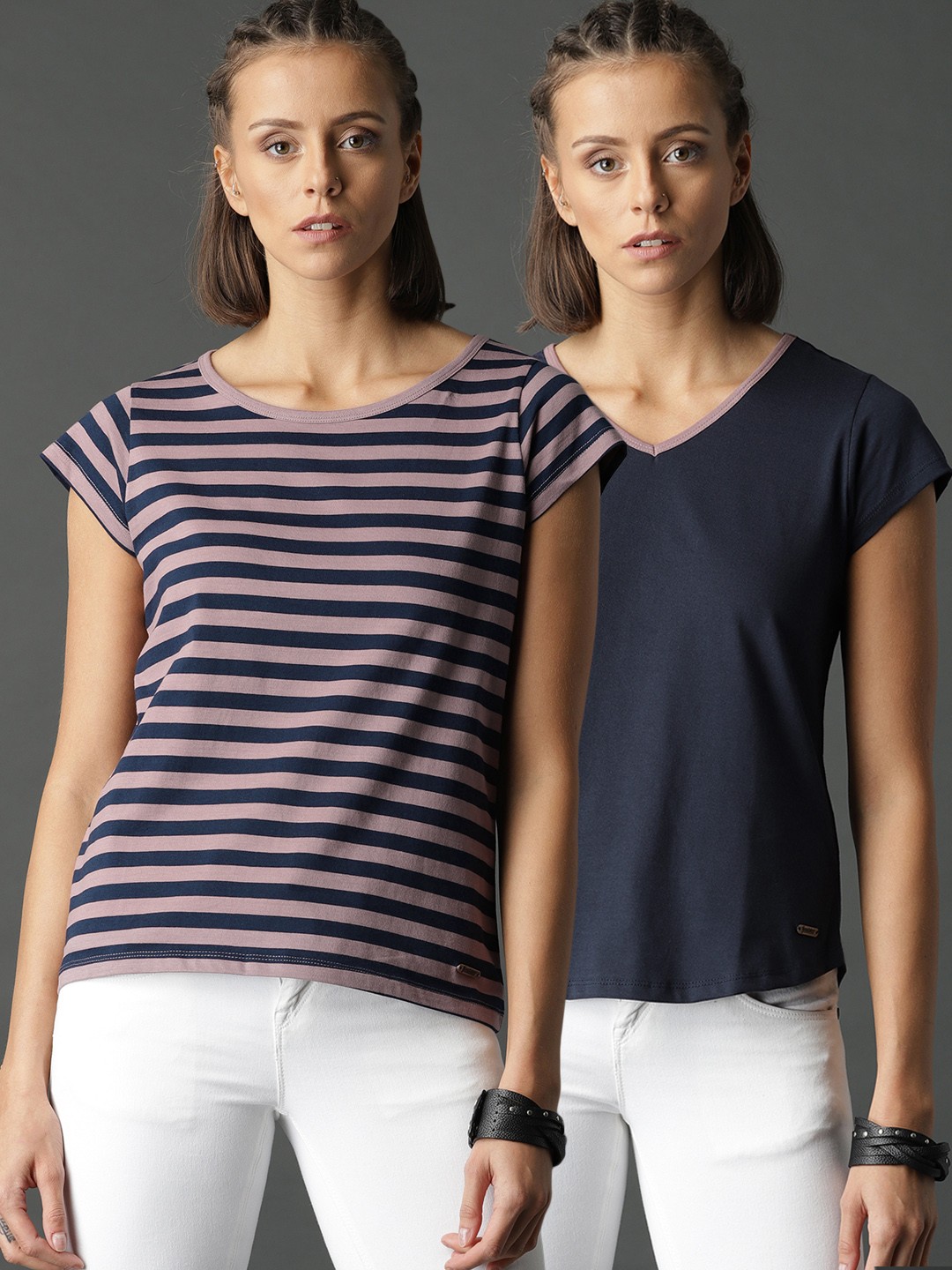 

Roadster Women Pack of 2 Solid Striped Pure Cotton T-shirts, Navy blue
