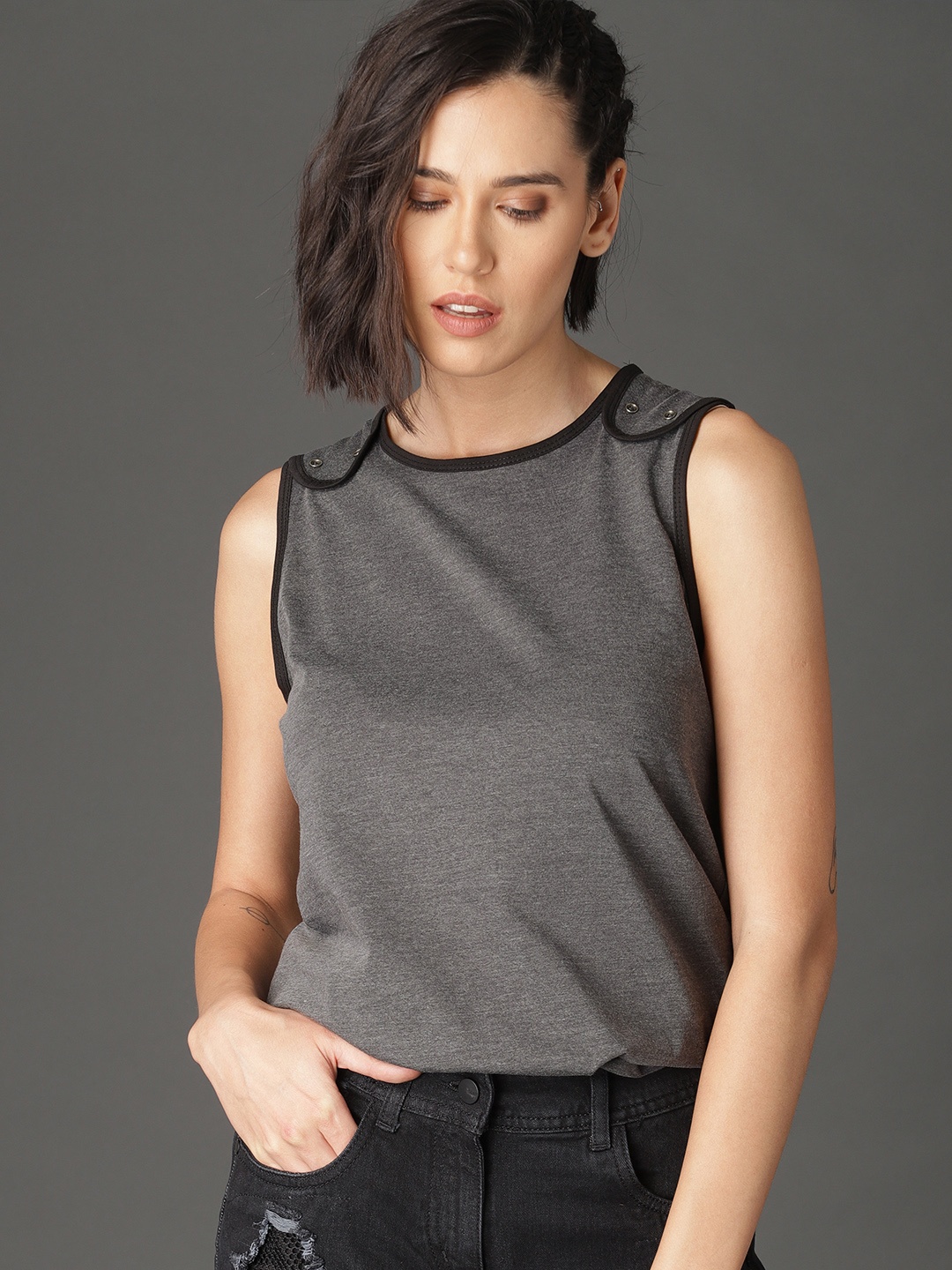 

Roadster Women Charcoal Grey Solid Tank Top With Piping