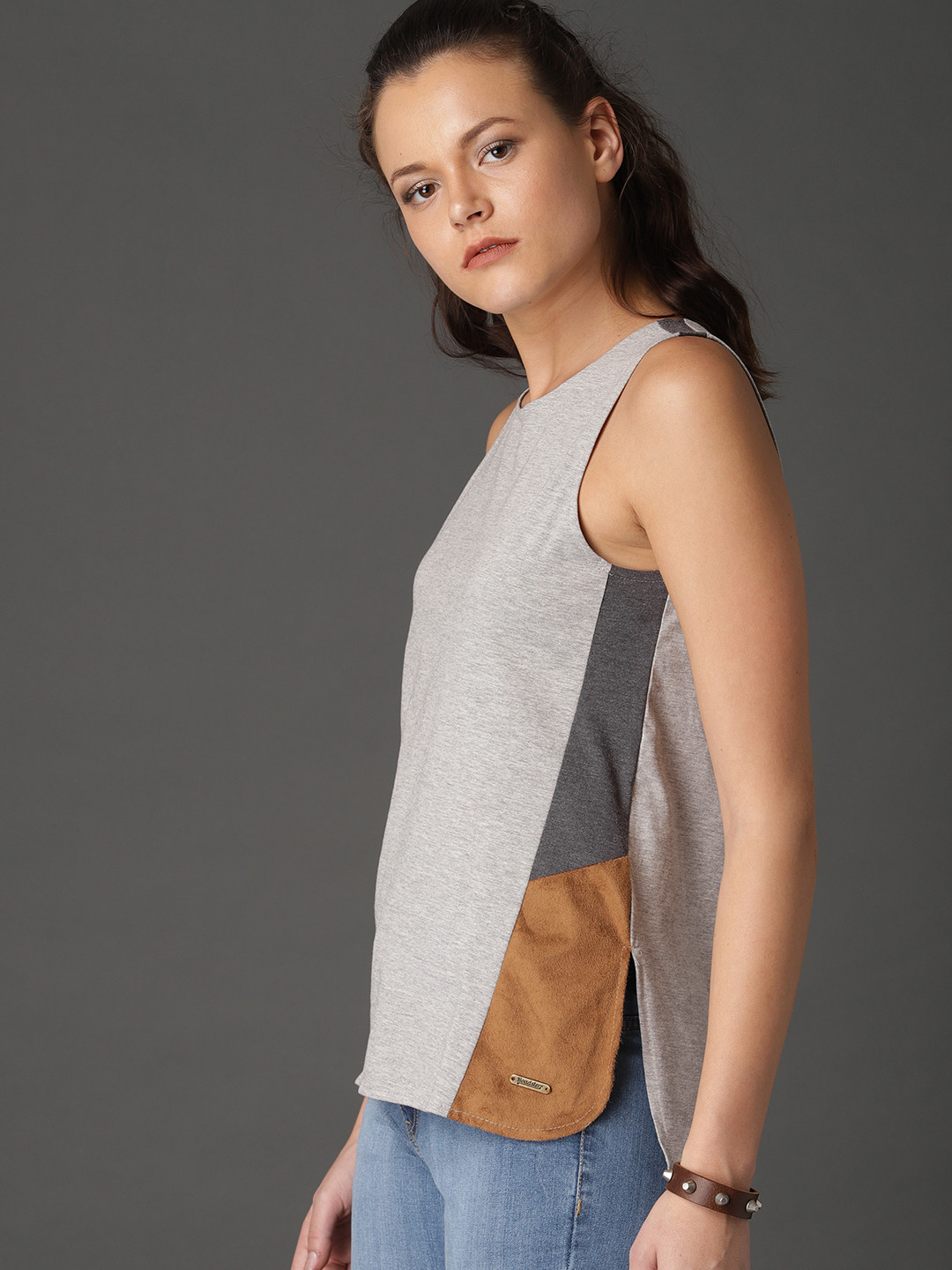 

Roadster Women Grey Colourblocked Pure Cotton High-Low Tank with Suede Panel