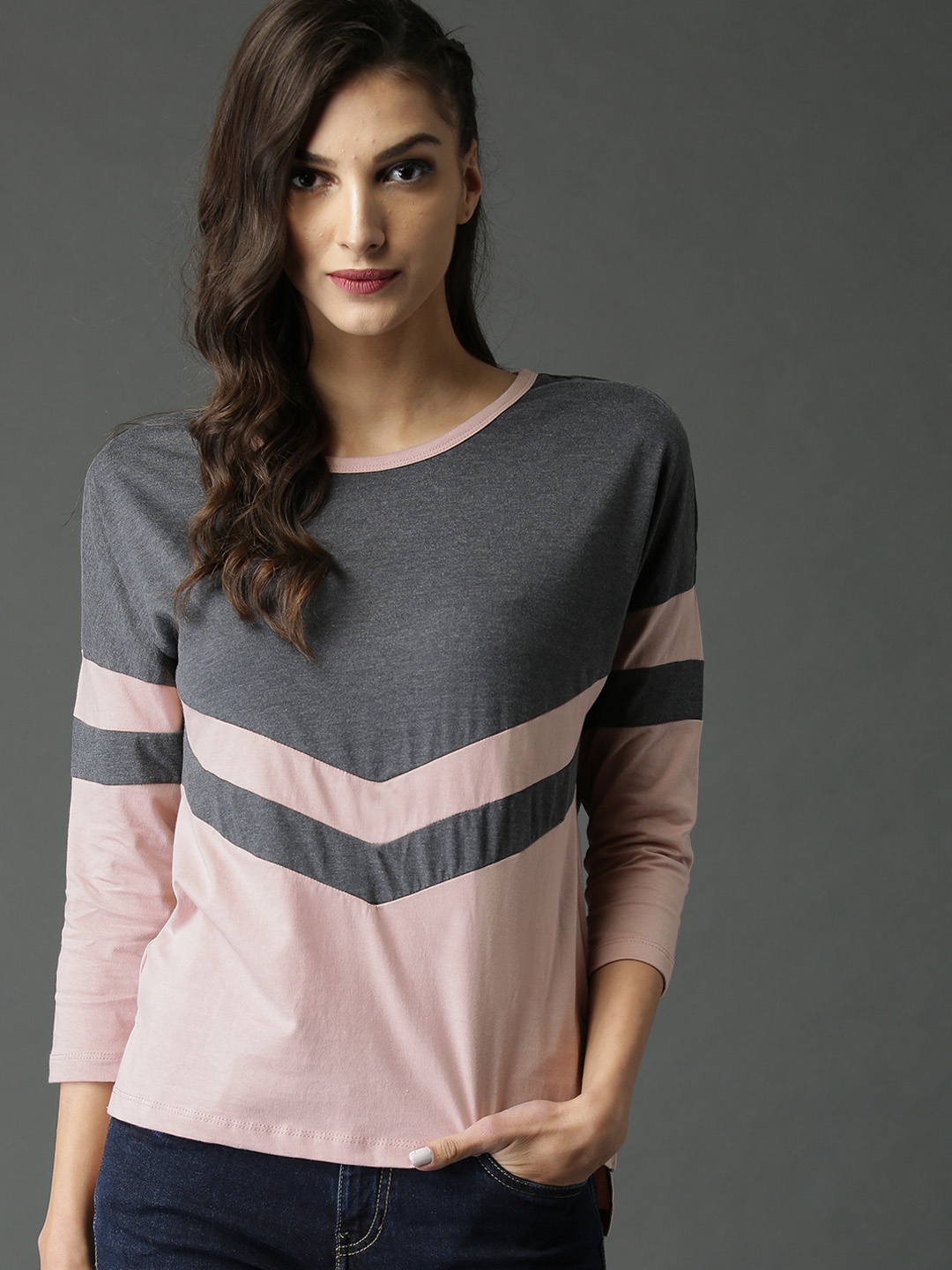 

Roadster Women Pink & Grey Melange Colourblocked Top