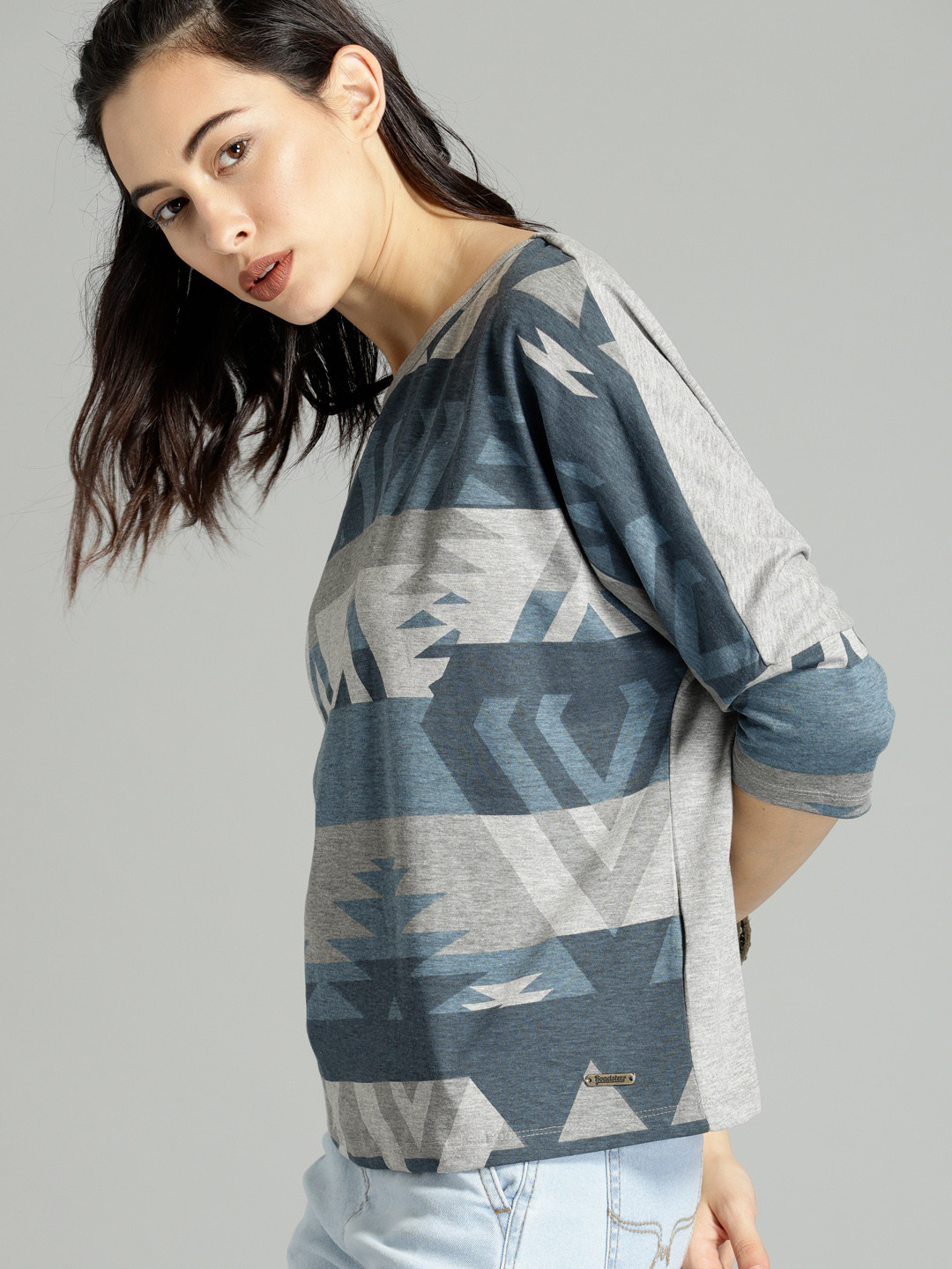 

Roadster Women Blue & Grey Printed Round Neck T-shirt