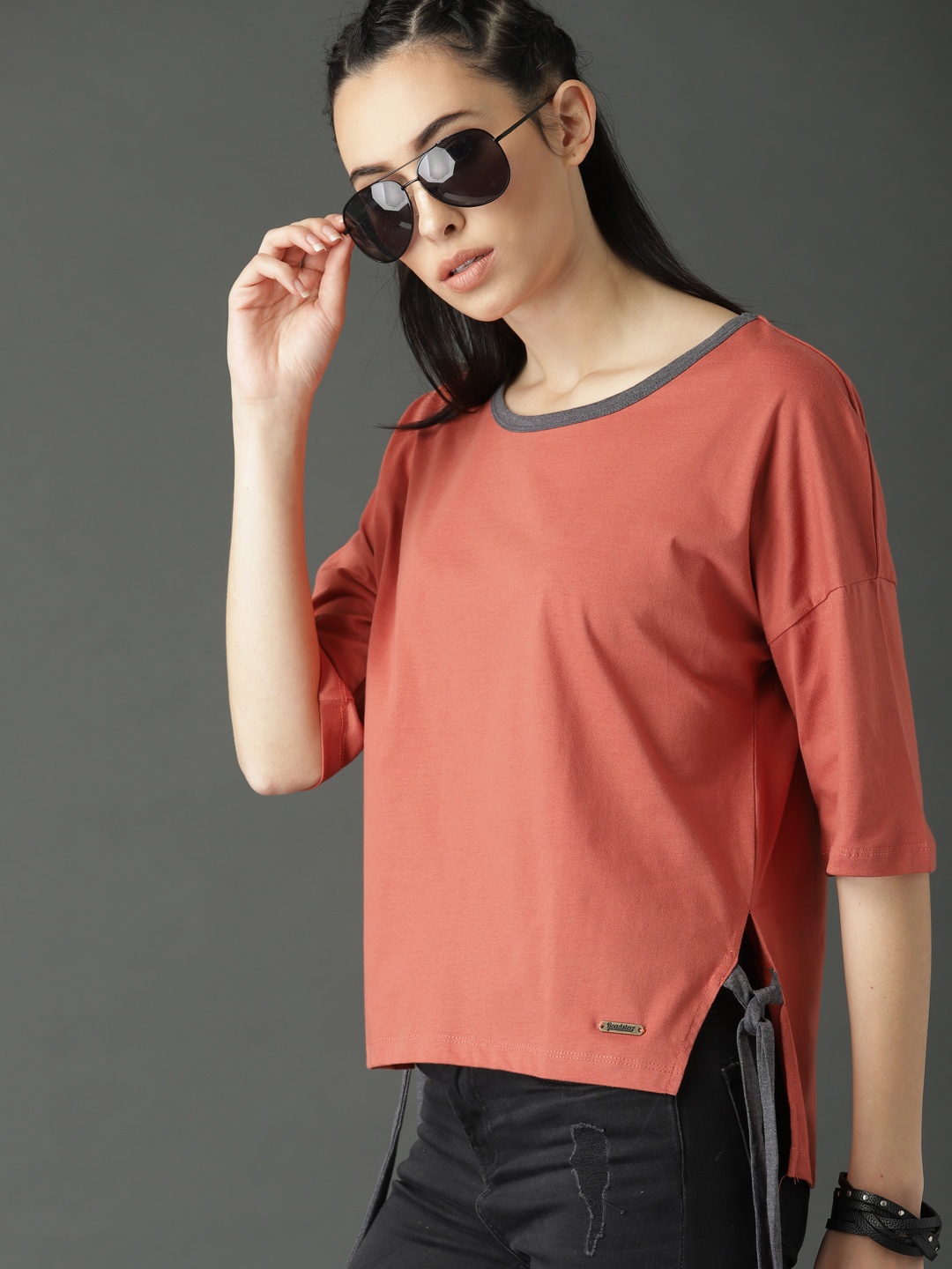 

Roadster Women Rust Orange Solid Pure Cotton Top With Side Tie