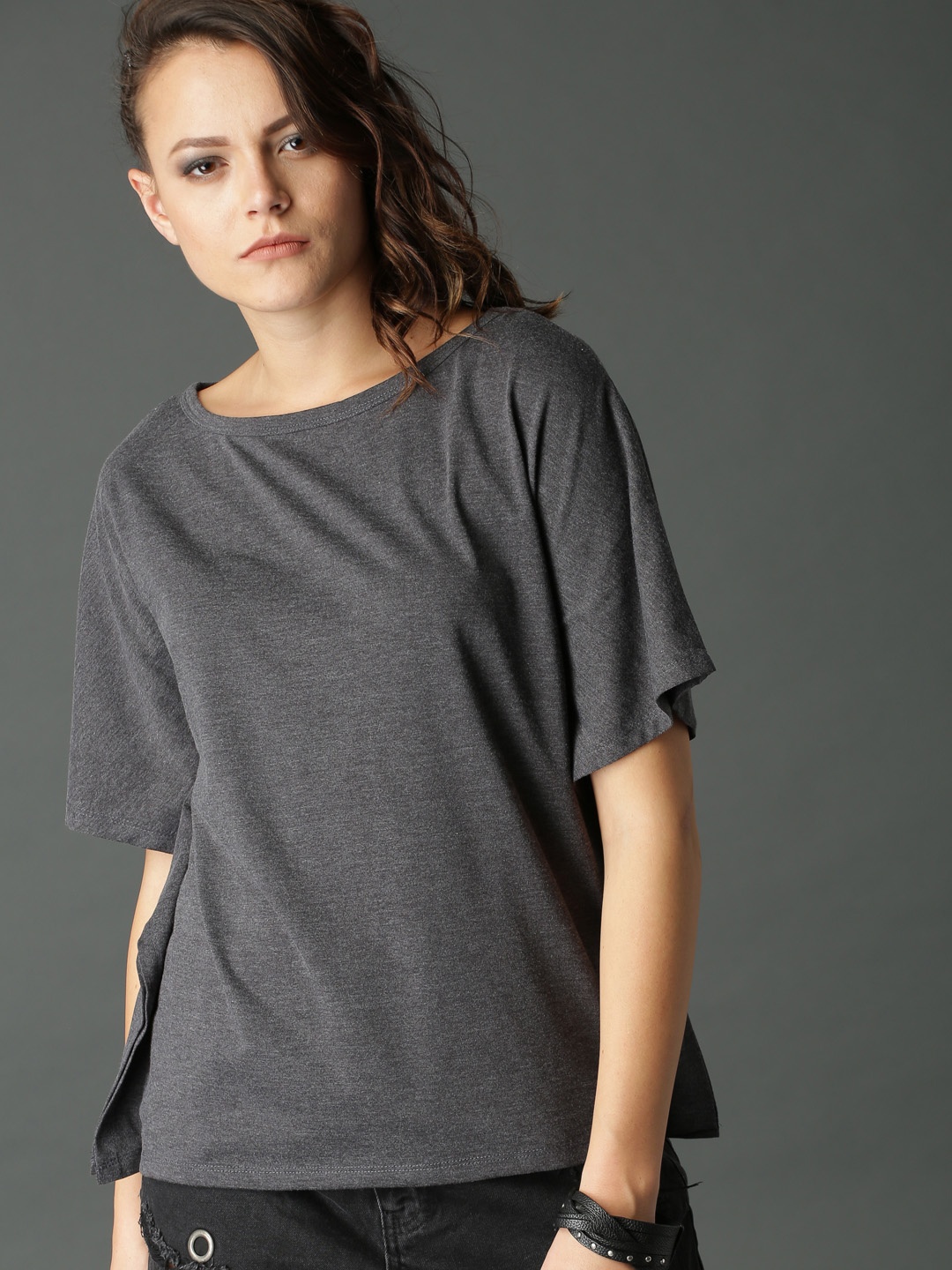 

Roadster Women Charcoal Solid Top With Extended Sleeve