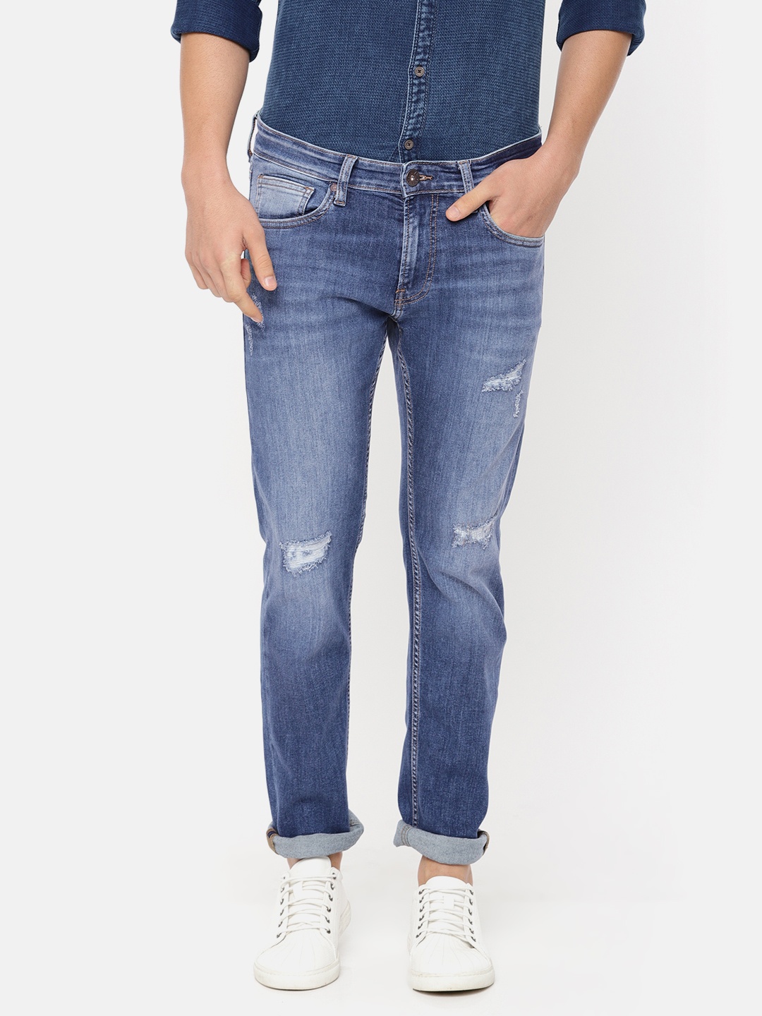 

Pepe Jeans Men Blue Slim Fit Carney Vapour Low-Rise Highly Distressed Stretchable Jeans