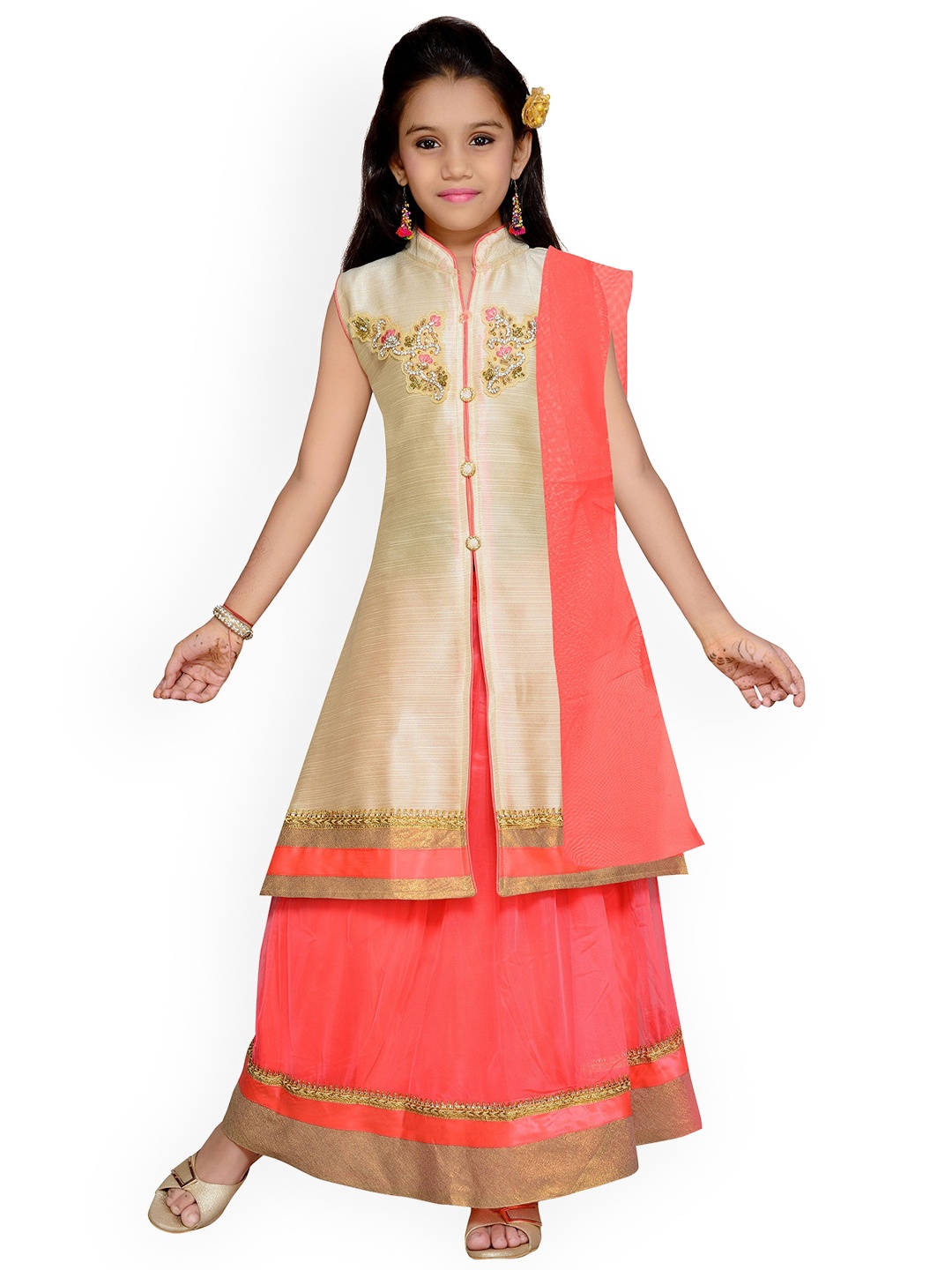 

Kidling Girls Beige & Pink Embellished Ready to Wear Lehenga & Blouse with Dupatta