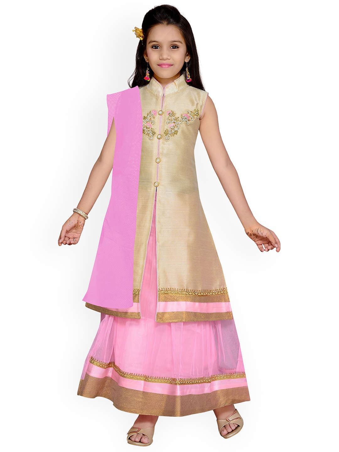 

Kidling Girls Beige & Pink Embellished Ready to Wear Lehenga & Blouse with Dupatta