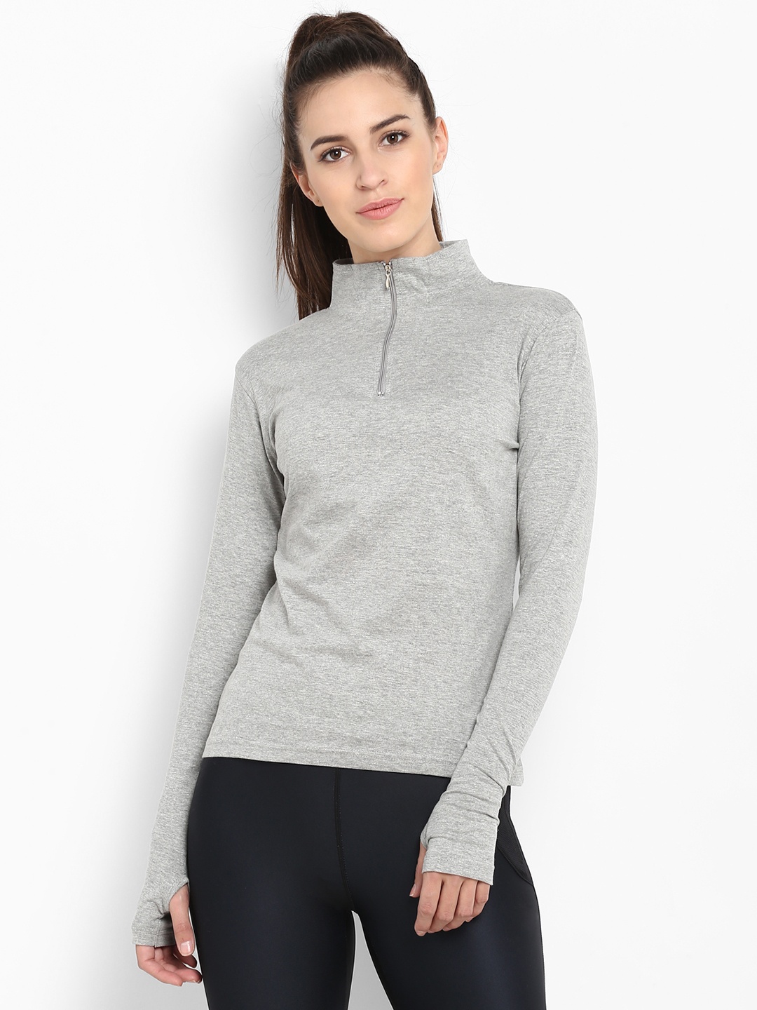 

appulse Women Grey Melange Solid High Neck T-shirt