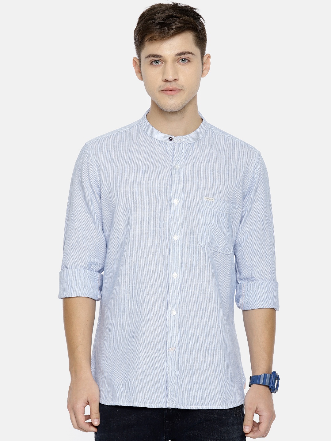 

Pepe Jeans Men Blue & White Regular Fit Striped Casual Shirt