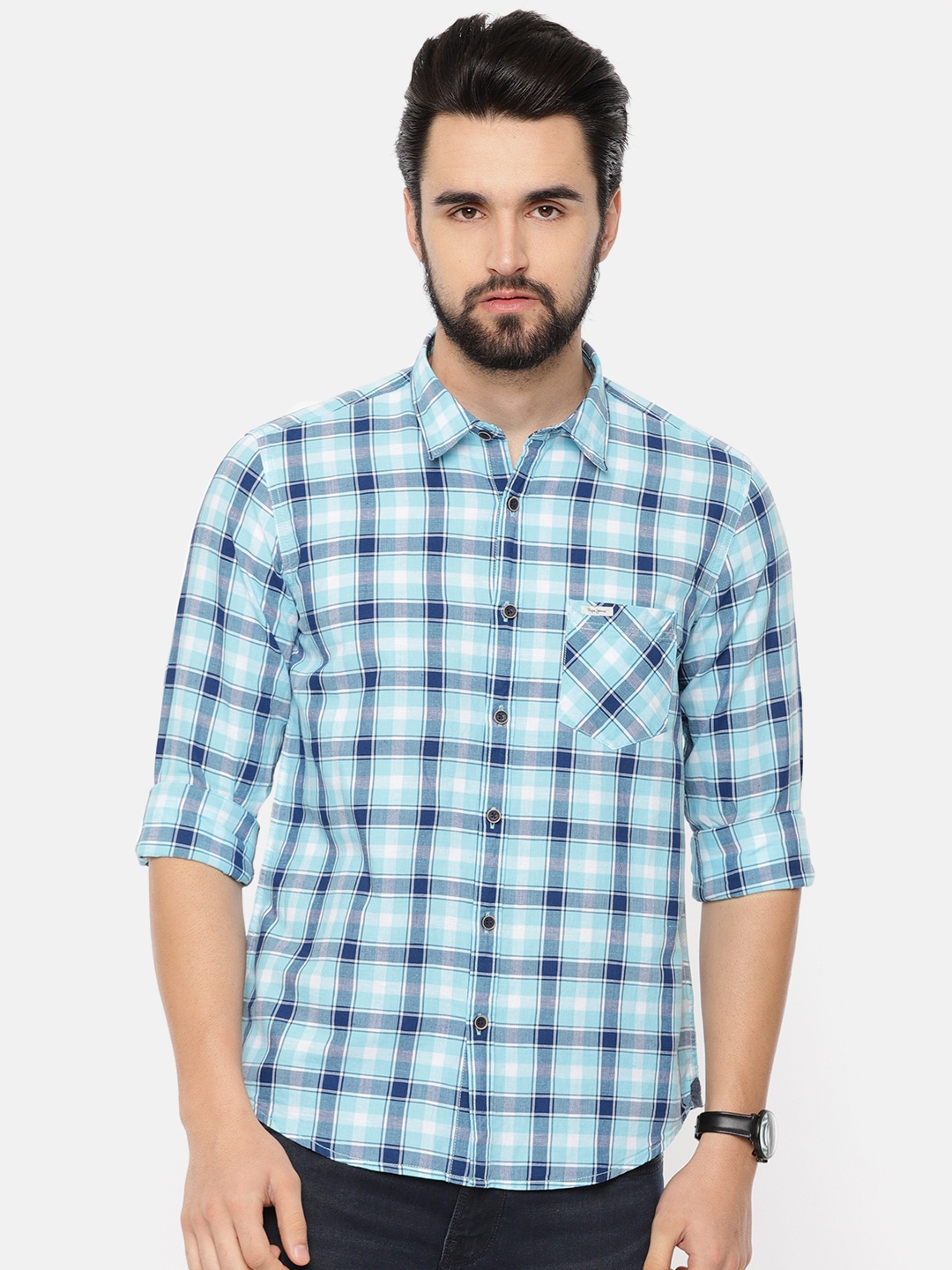 

Pepe Jeans Men Blue & White Regular Fit Checked Casual Shirt