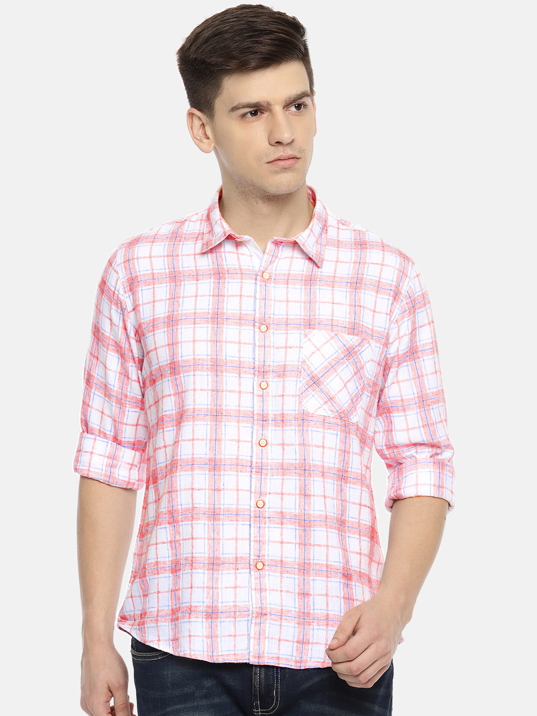 

Pepe Jeans Men Coral Pink & White Regular Fit Checked Casual Shirt