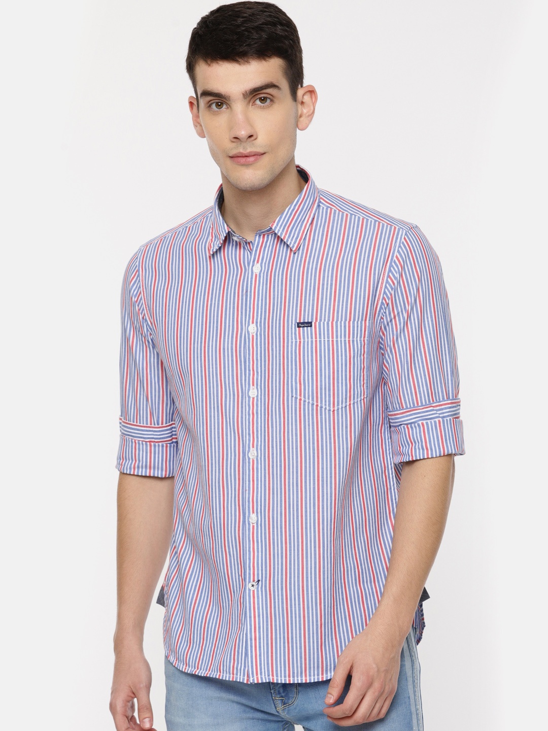 

Pepe Jeans Men White & Blue Regular Fit Striped Casual Shirt