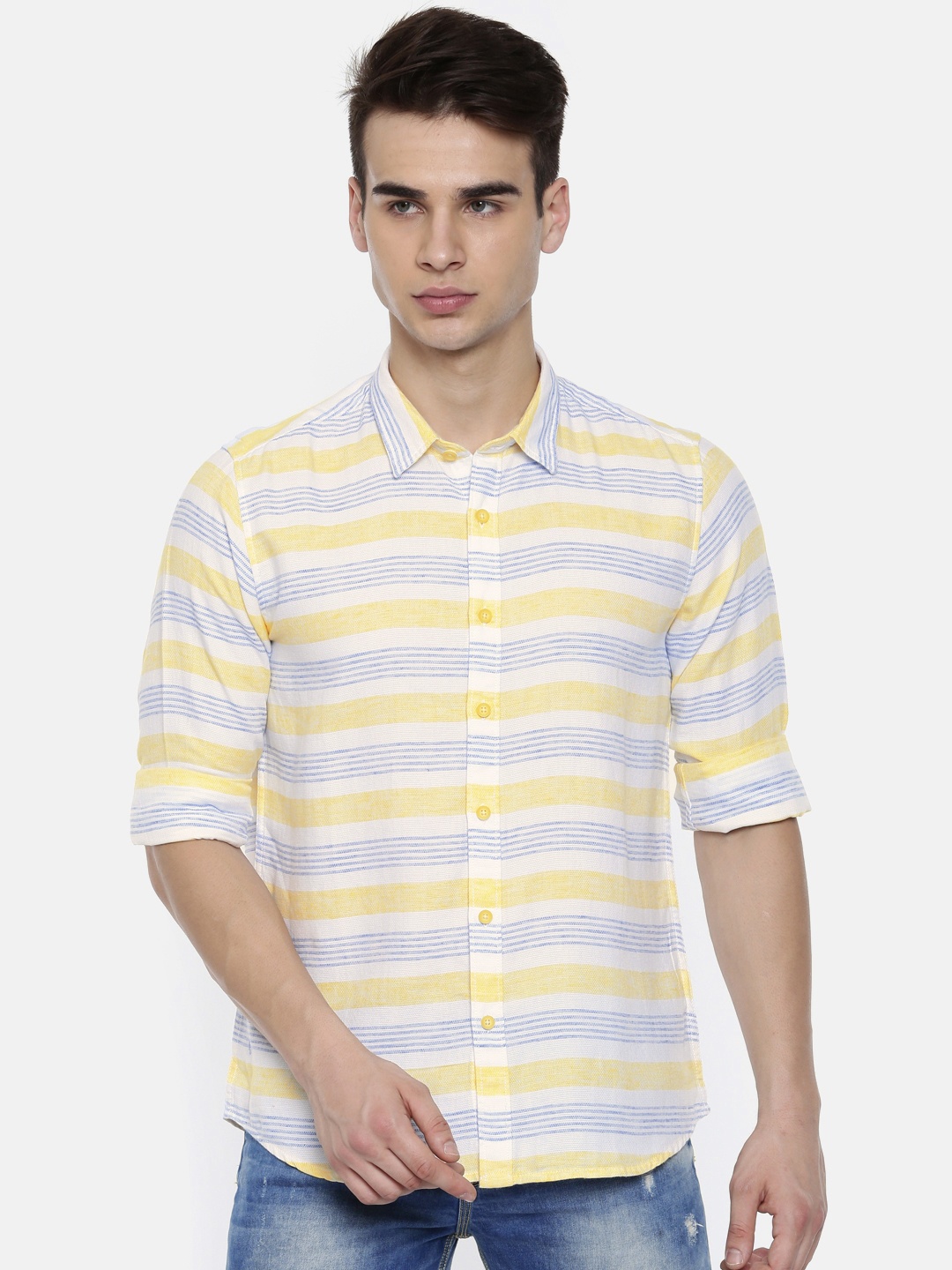 

Pepe Jeans Men Yellow & White Regular Fit Striped Casual Shirt