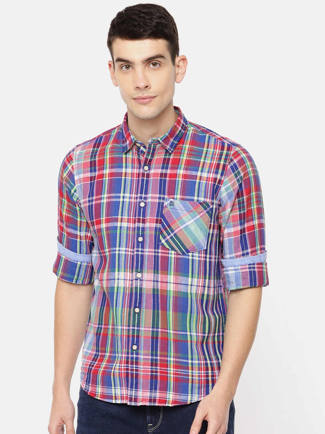 

Pepe Jeans Men Blue & Red Regular Fit Checked Casual Shirt