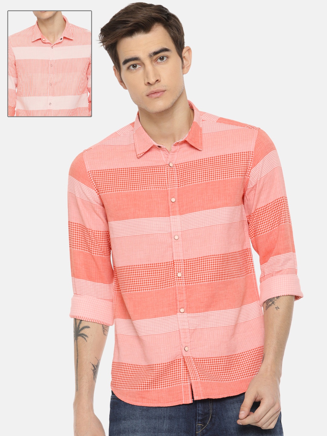 

Pepe Jeans Men Coral Pink & White Slim Fit Striped Reversible Casual Shirt