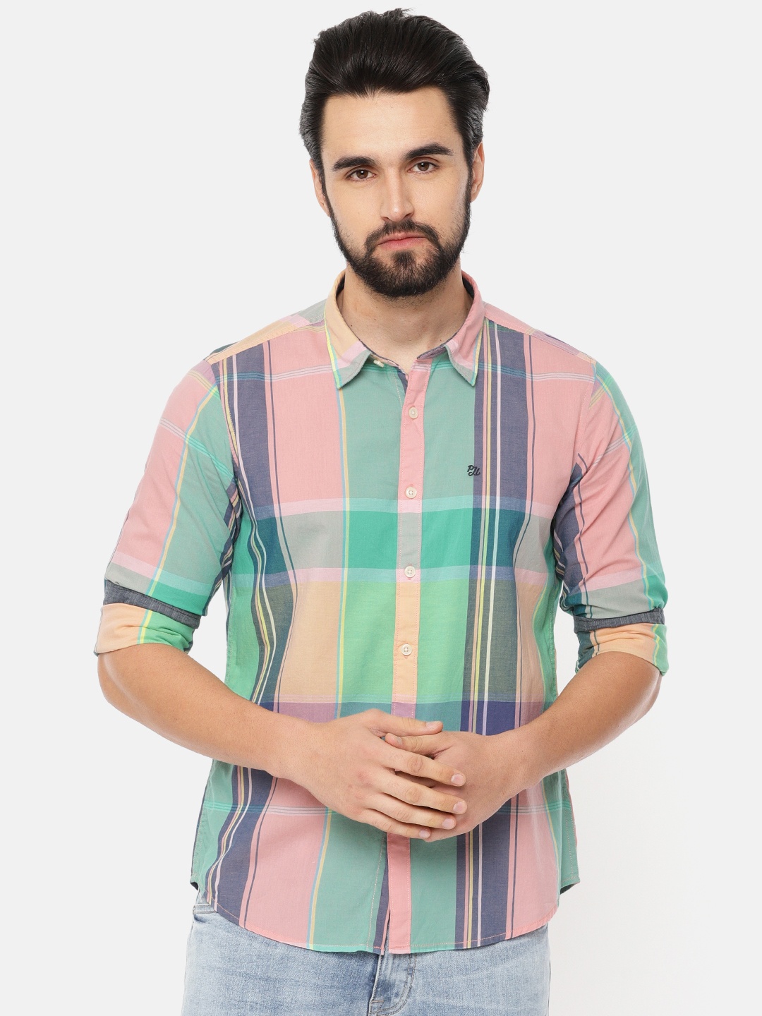 

Pepe Jeans Men Coral Pink & Sea Green Regular Fit Checked Casual Shirt