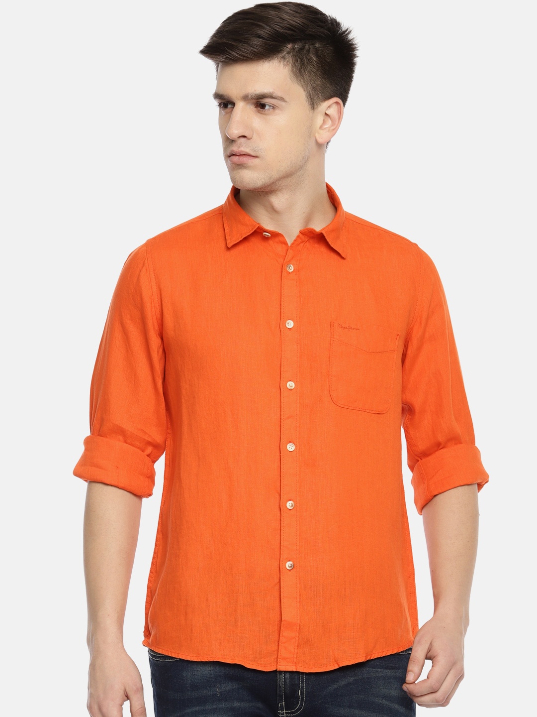 

Pepe Jeans Men Orange KINGZ Regular Fit Solid Linen Casual Shirt