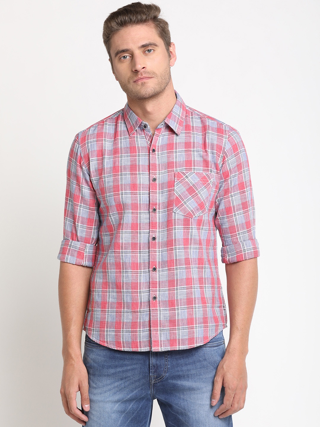 

Pepe Jeans Men Red & Grey Slim Fit Checked Casual Shirt