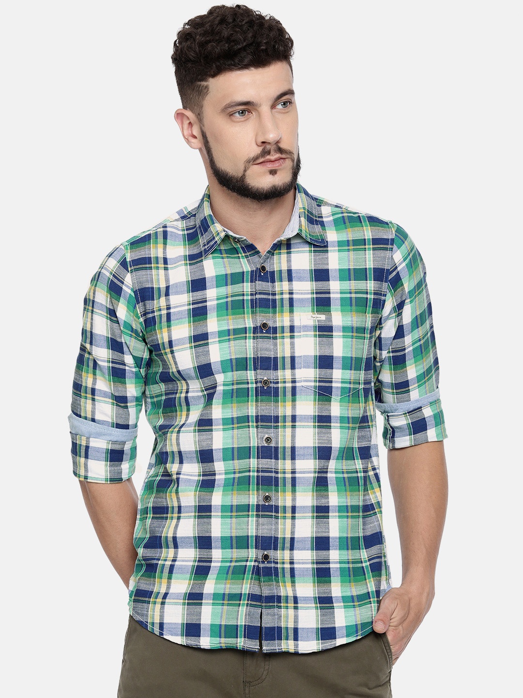 

Pepe Jeans Men Green & Navy Blue Regular Fit Checked Casual Shirt
