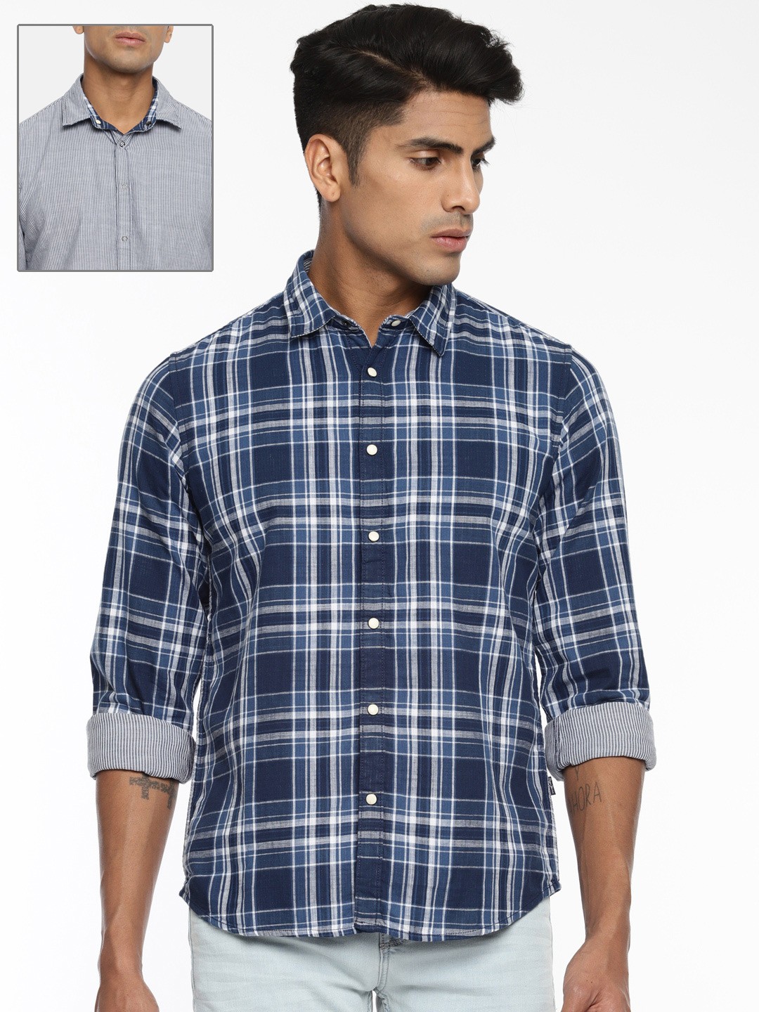 

Pepe Jeans Men Navy Blue & Grey Regular Fit Checked Casual Reversible Shirt