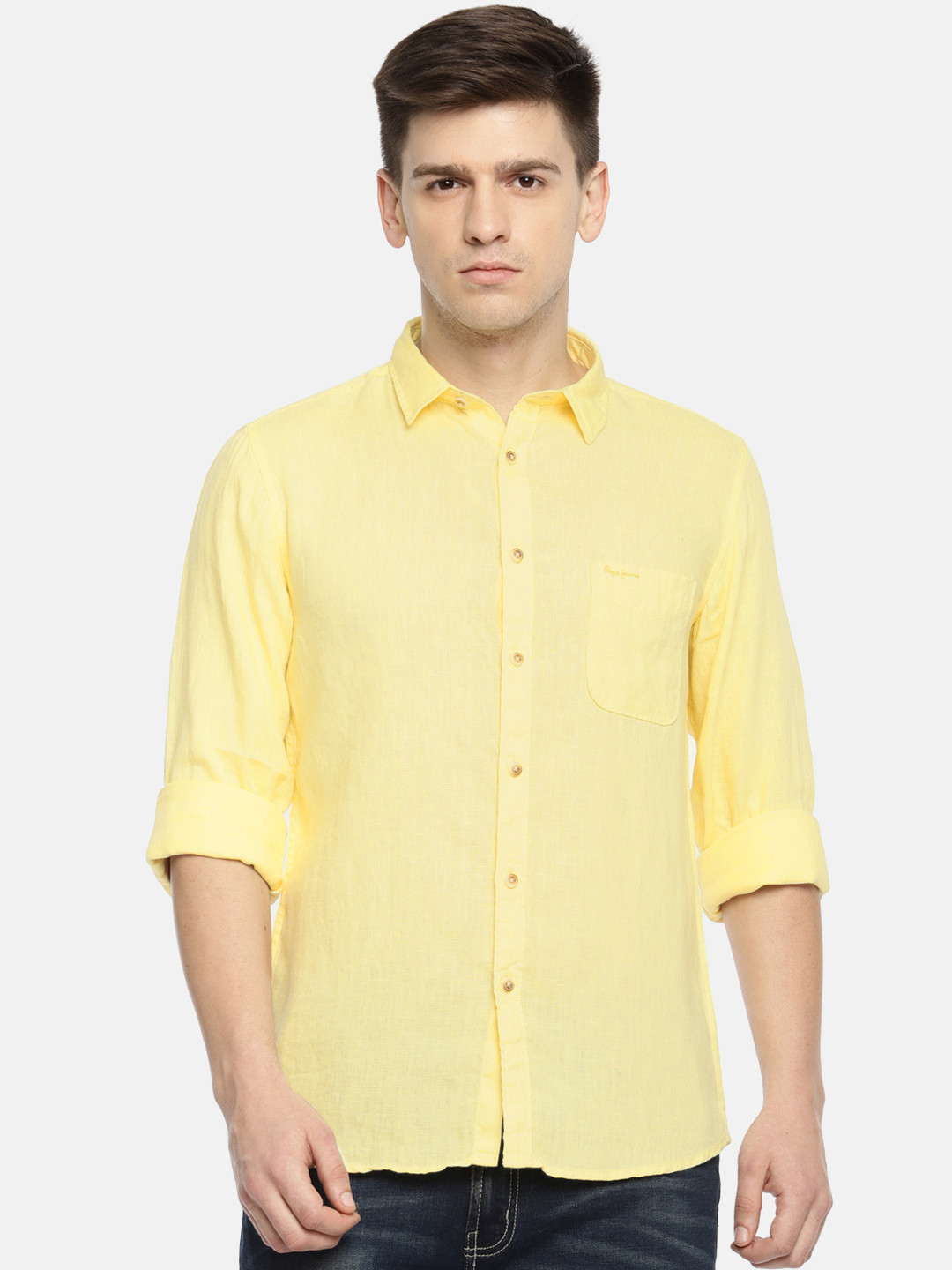 

Pepe Jeans Men Yellow KINGZ Regular Fit Solid Linen Casual Shirt