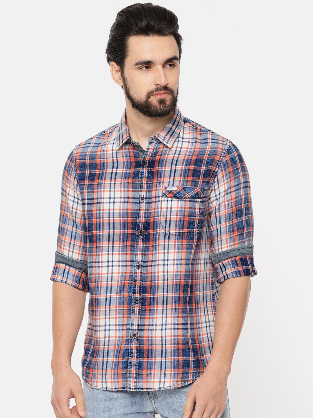 

Pepe Jeans Men Blue & White Regular Fit Checked Casual Shirt