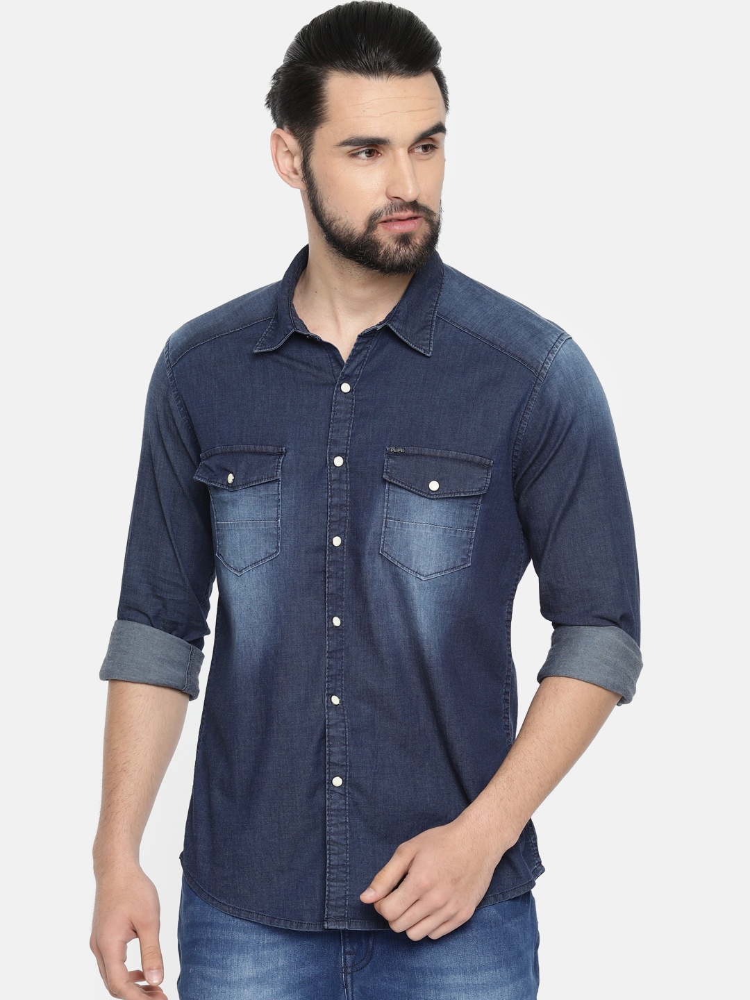 

Pepe Jeans Men Navy Blue Regular Fit Faded Casual Chambray Shirt