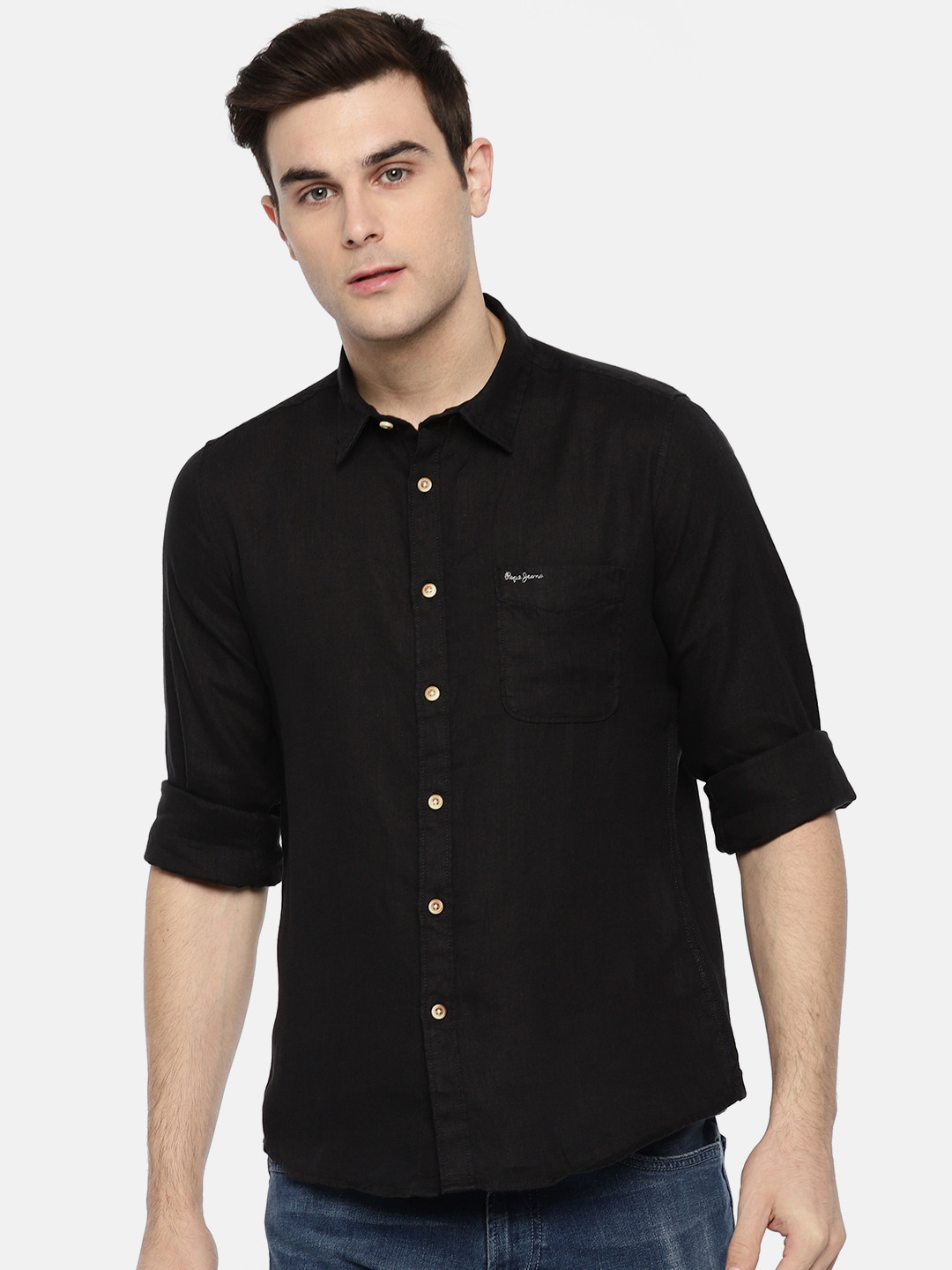 

Pepe Jeans Men Black Linen Regular Fit Solid Casual Shirt