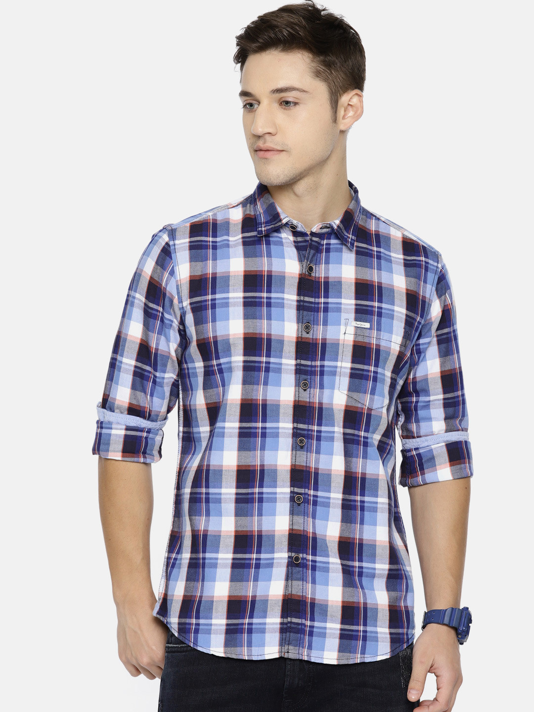 

Pepe Jeans Men Blue & White Regular Fit Checked Casual Shirt