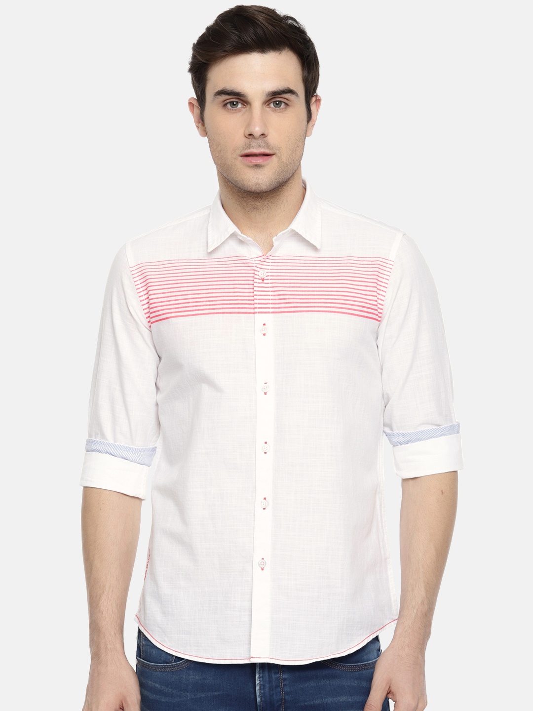 

Pepe Jeans Men White & Red Slim Fit Striped Casual Shirt