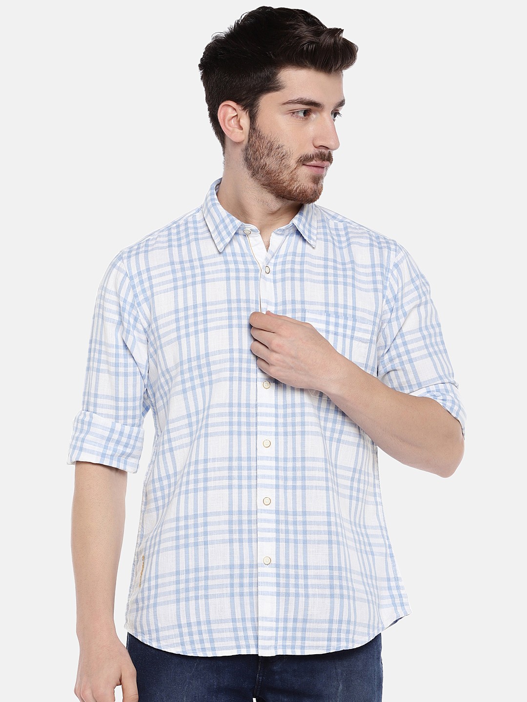 

Pepe Jeans Men Blue & White Slim Fit Checked Casual Shirt