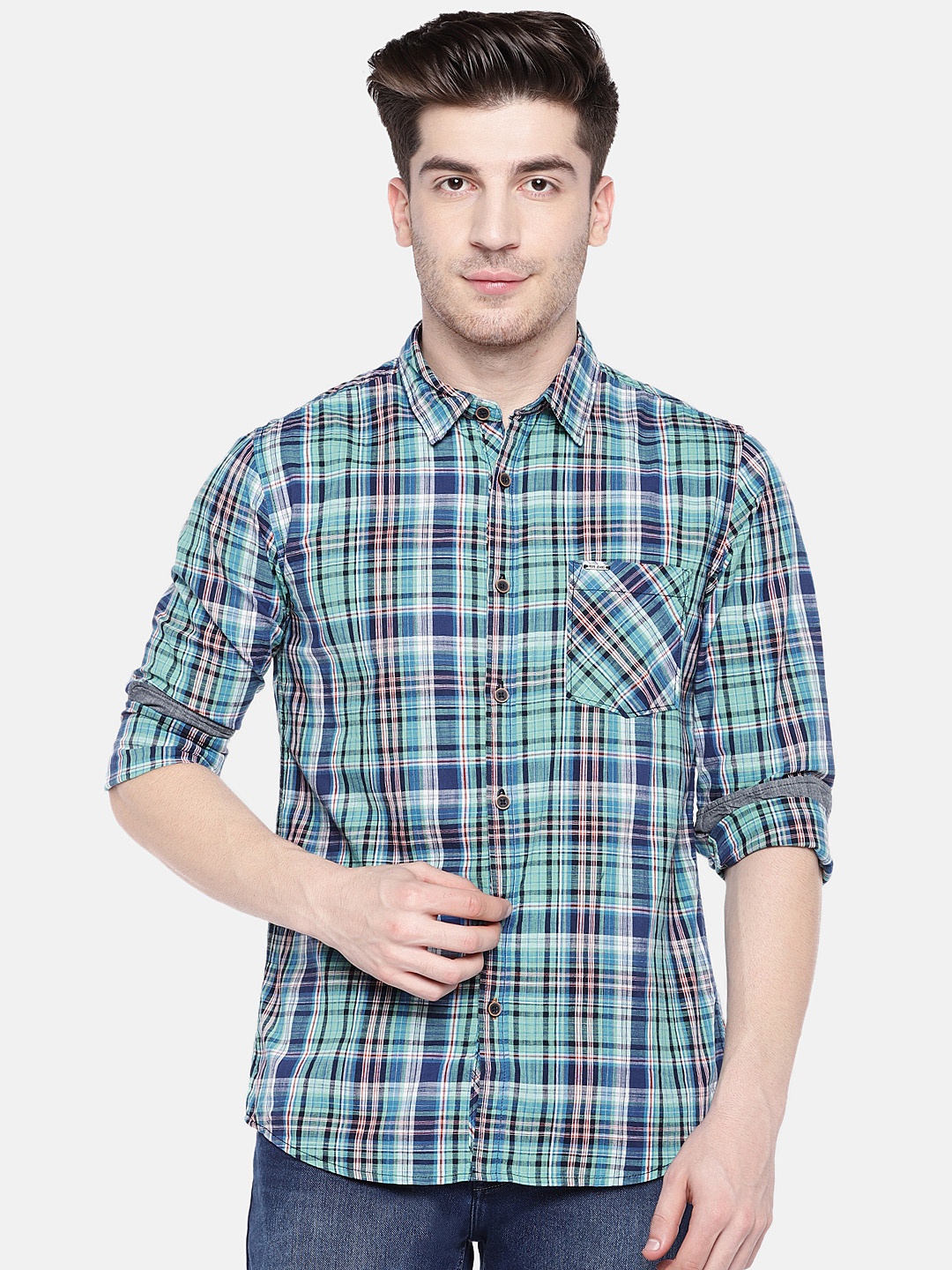 

Pepe Jeans Men Blue & Green Regular Fit Checked Casual Shirt