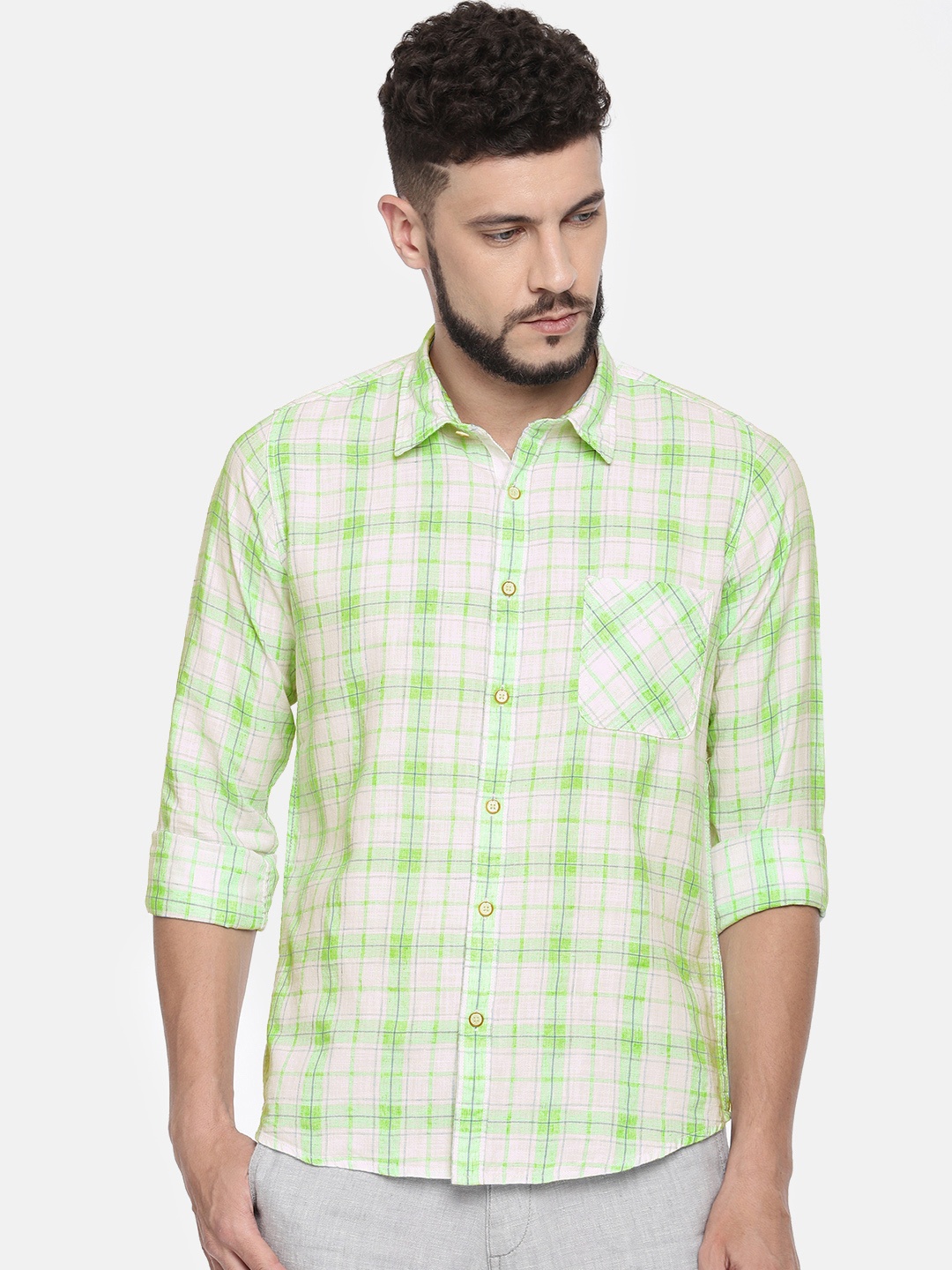 

Pepe Jeans Men Green & White Regular Fit Checked Casual Shirt