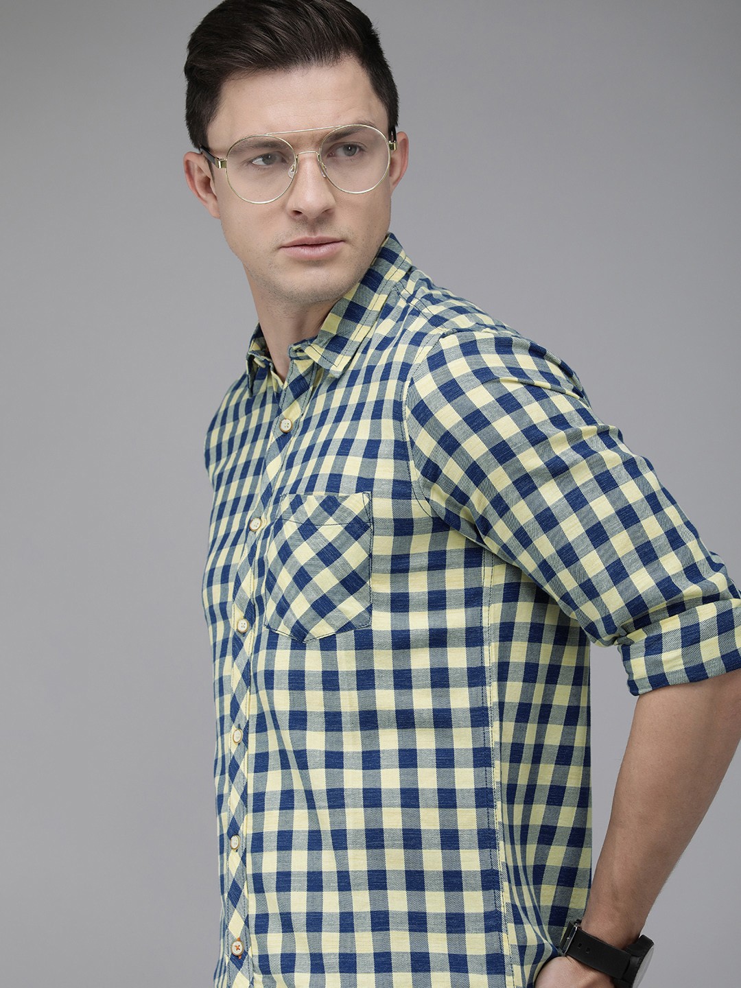 

Pepe Jeans Men Yellow Slim Fit Buffalo Checks Checked Casual Shirt
