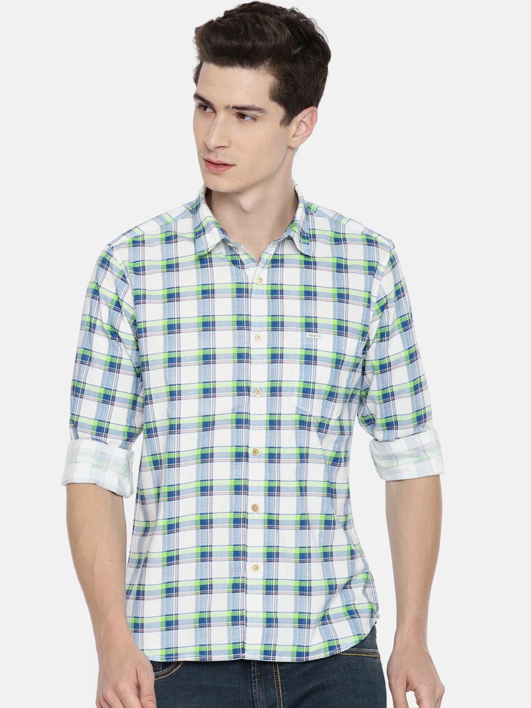 

Pepe Jeans Men White & Blue Regular Fit Checked Casual Shirt