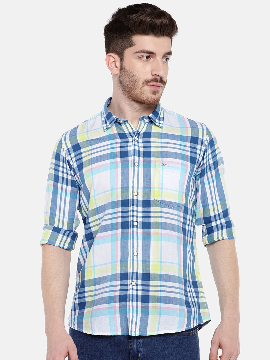 

Pepe Jeans Men Blue & White Slim Fit Checked Casual Shirt