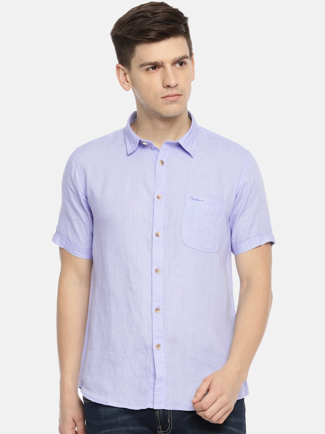 

Pepe Jeans Men Blue KINGZ Regular Fit Solid Linen Casual Shirt