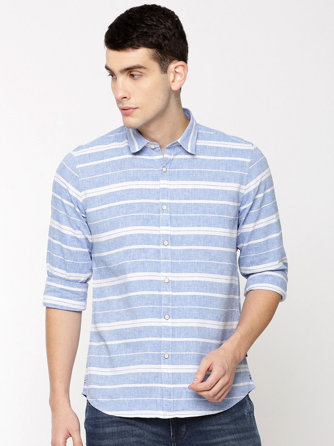 

Pepe Jeans Men Blue & White Regular Fit Striped Casual Shirt
