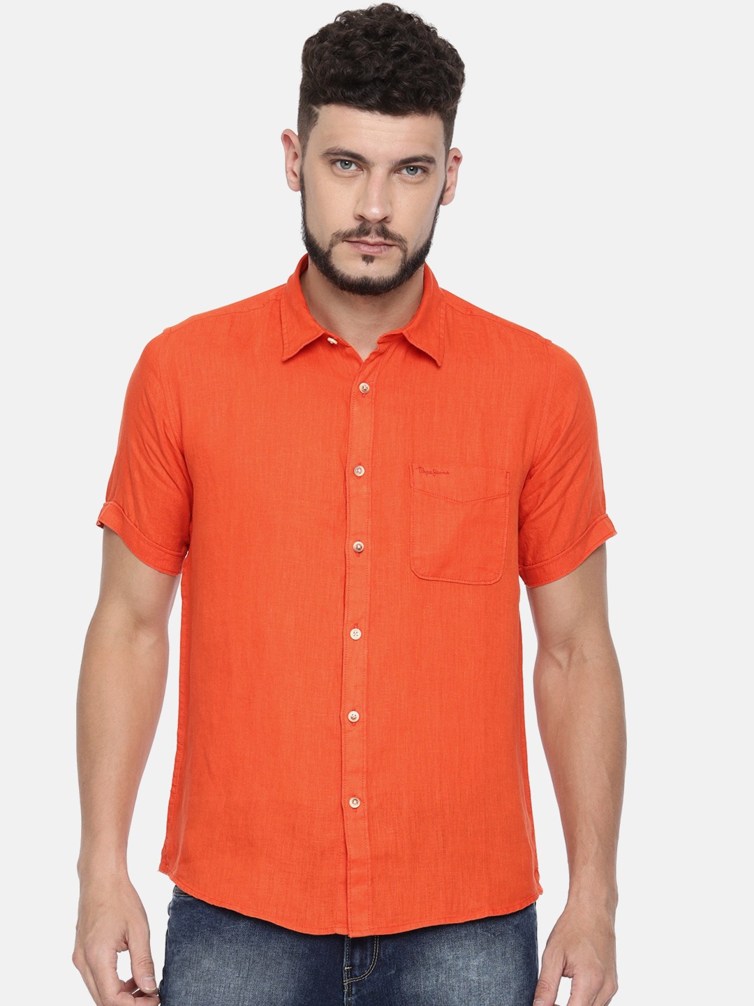 

Pepe Jeans Men Orange Regular Fit Solid Casual Linen Shirt