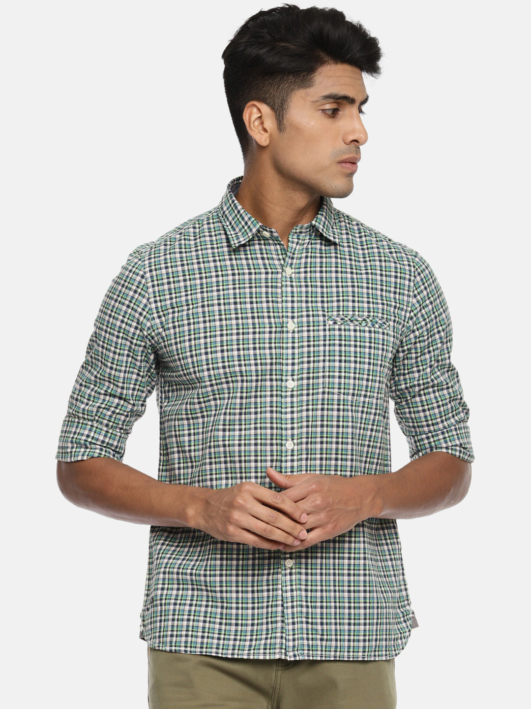 

Pepe Jeans Men Green & Navy Blue Regular Fit Checked Casual Shirt