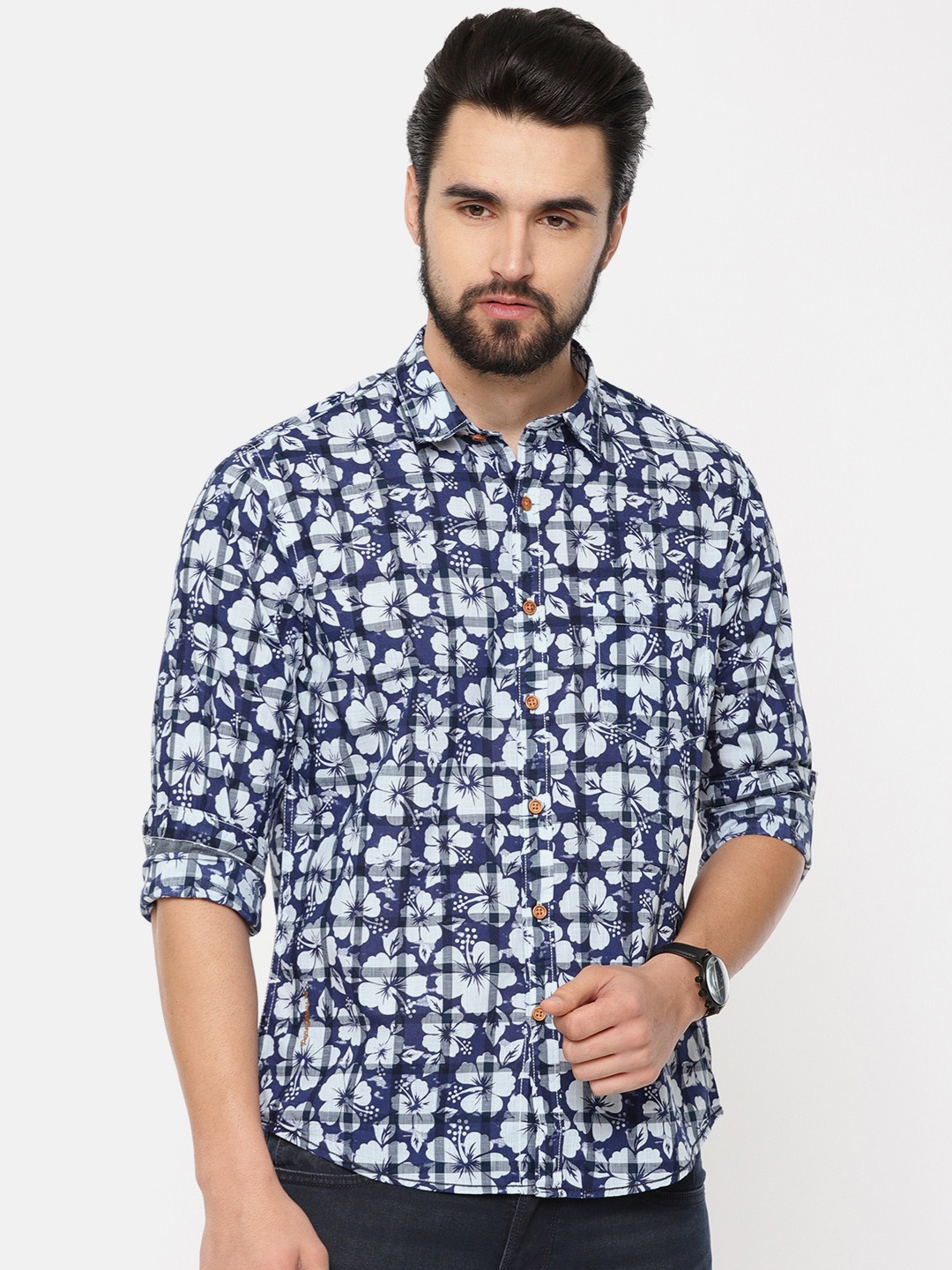 

Pepe Jeans Men Navy & White Regular Fit Printed Casual Shirt, Navy blue