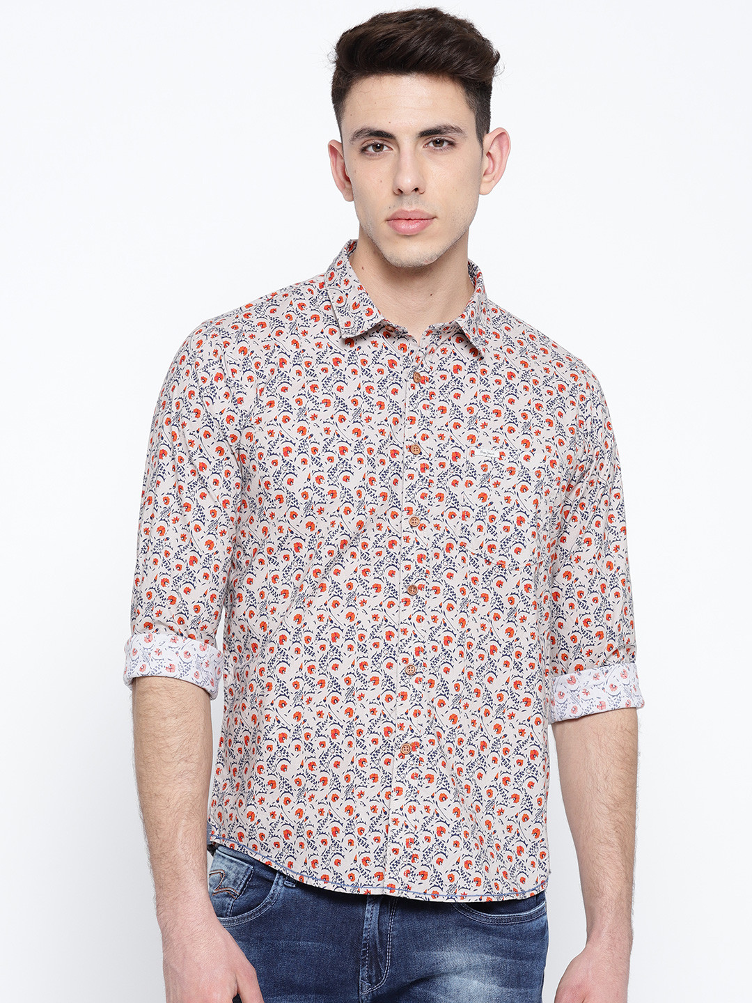 

Pepe Jeans Men Beige & Navy Blue Regular Fit Printed Casual Shirt