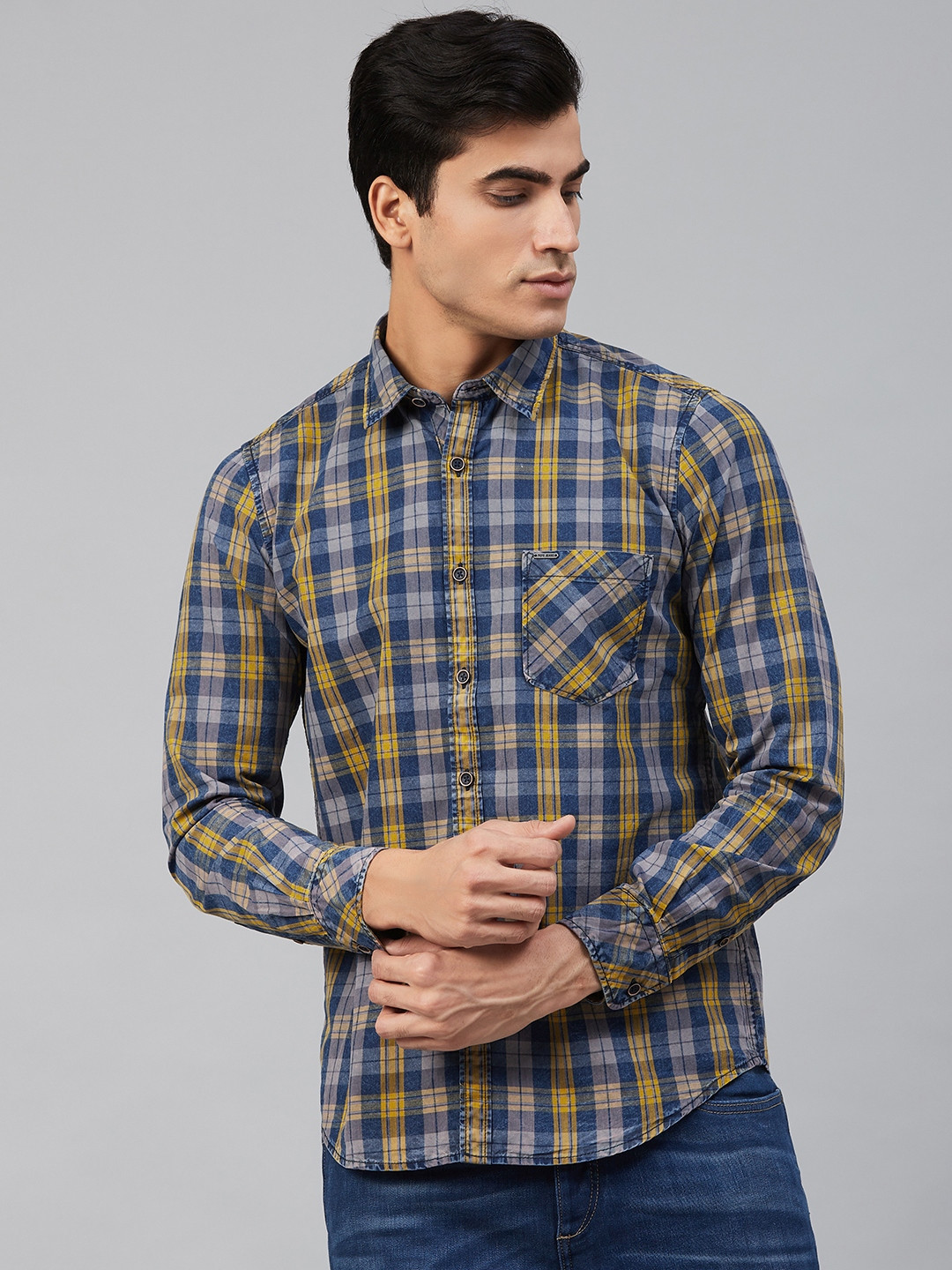 

Pepe Jeans Men Navy Blue & Mustard Yellow Regular Fit Checked Casual Shirt