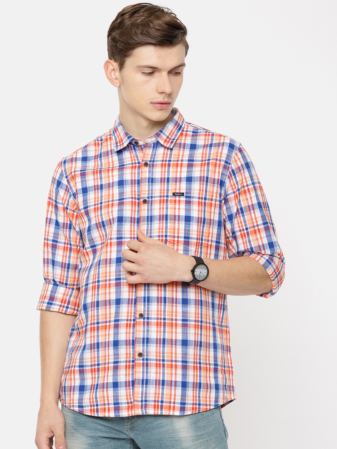 

Pepe Jeans Men Red & Blue Regular Fit Checked Casual Shirt