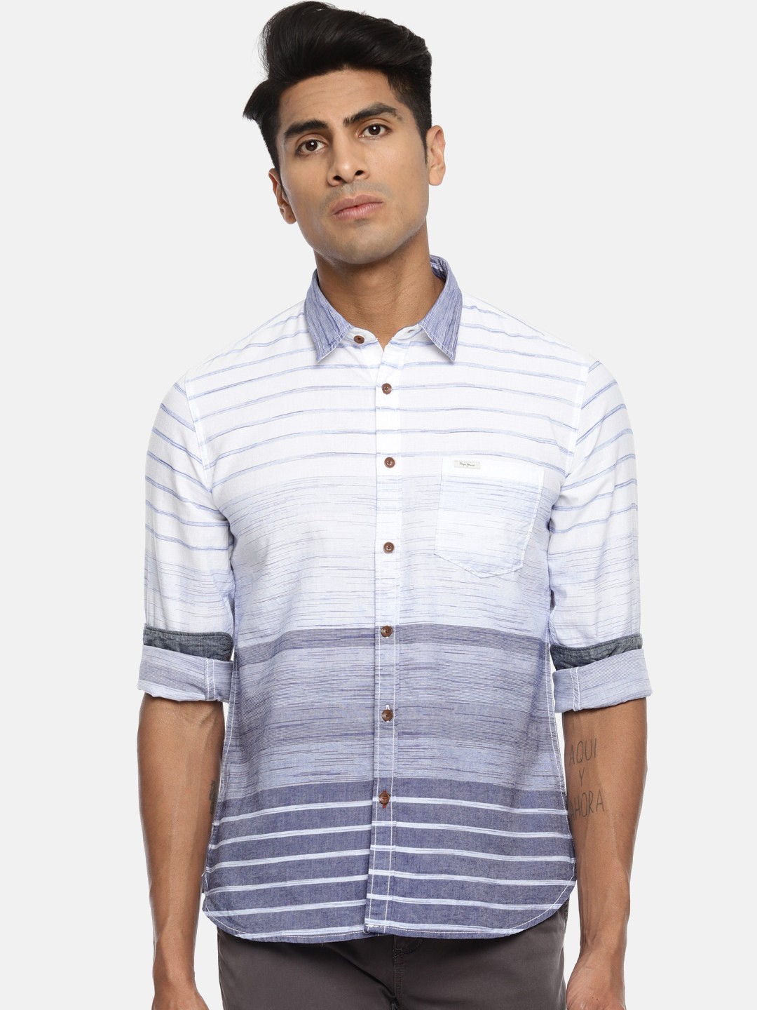 

Pepe Jeans Men White & Blue Slim Fit Striped Casual Shirt