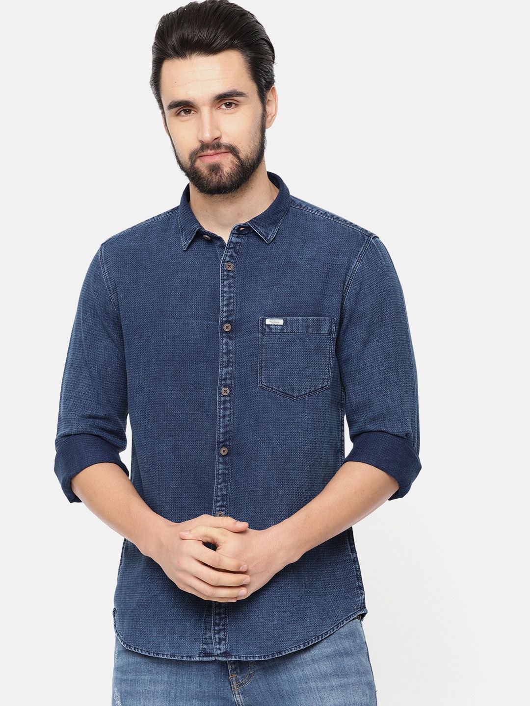 

Pepe Jeans Men Navy Blue Regular Fit Self Design Casual Shirt