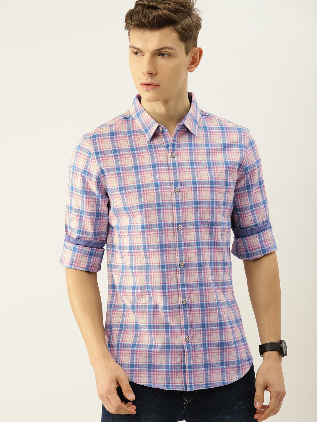 

United Colors of Benetton Men Off-White & Blue Slim Fit Checked Casual Shirt